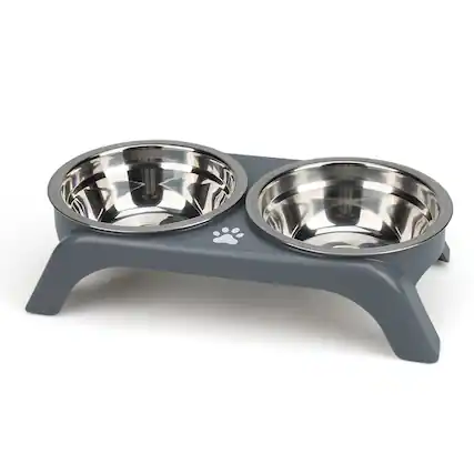 Front. Supet - Stainless Steel Double Bowl with Raised Stand for Puppies & Cats - Grey.
