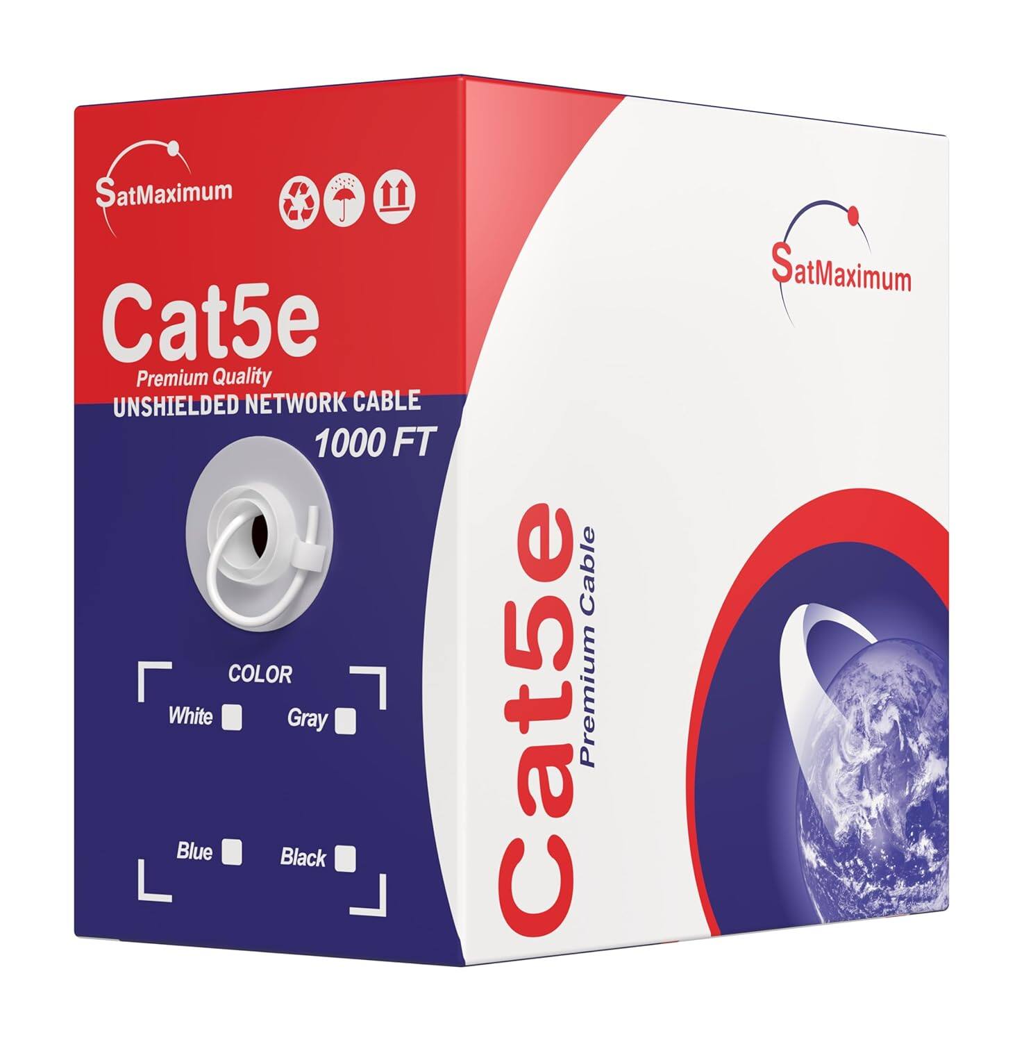 SatMaximum Cat5e Premium Quality UNSHIELDED NETWORK CABLE 1000 FT COLOR White Gray Blue Black Cable Cat5e Premium SatMaximum