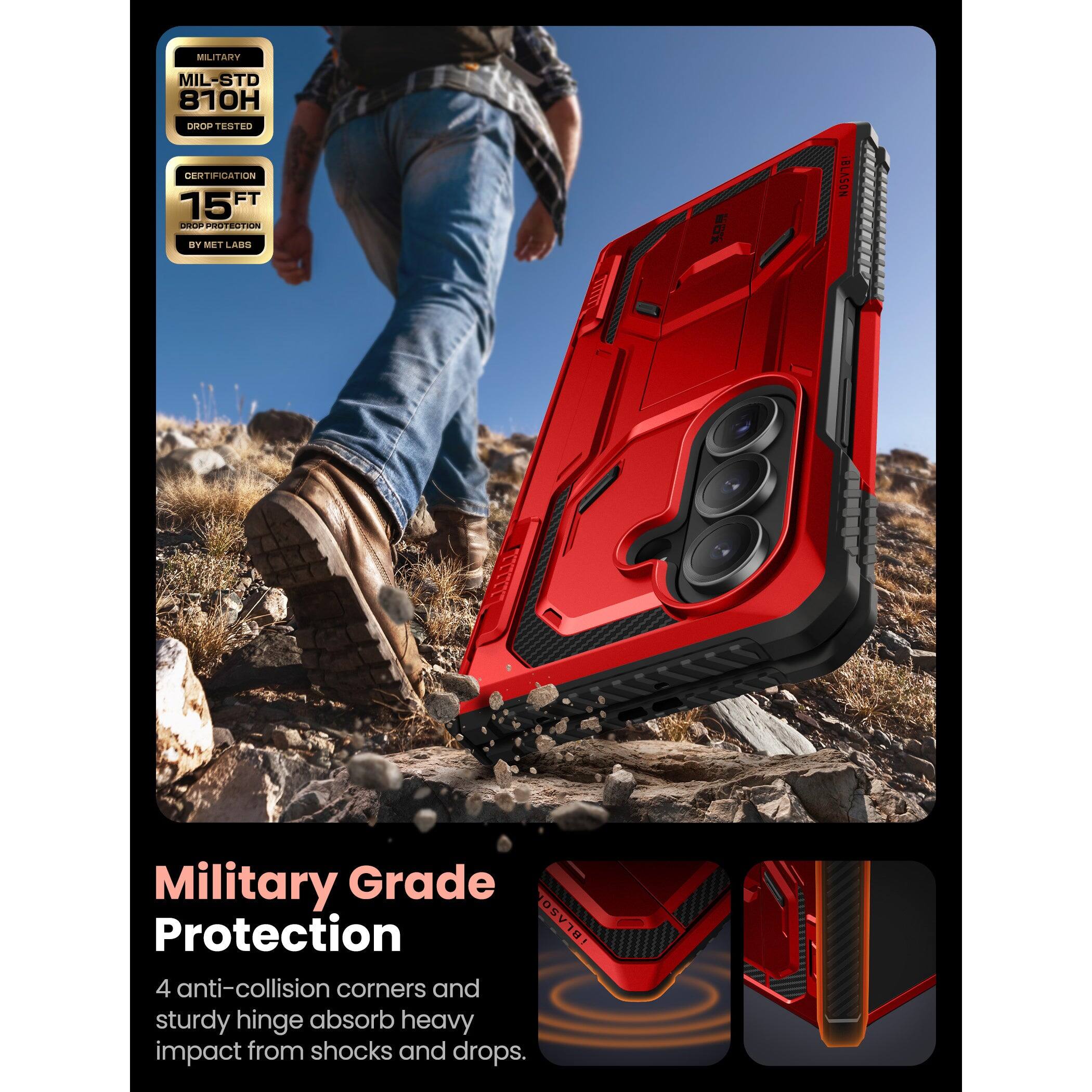MILITARY  
MIL-STD 810H  
DROP TESTED  

CERTIFICATION  
15FT DROP PROTECTION  
BY MET LABS  

Military Grade Protection  

4 anti-collision corners and sturdy hinge absorb heavy impact from shocks and drops.