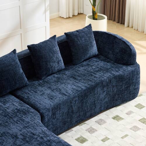 Back. Anysun - Chenille L-Shape Compressed Sofa - High-Elastic Sponge, Curved Armrests & 4 Throw Pillows for Living Room - Blue.