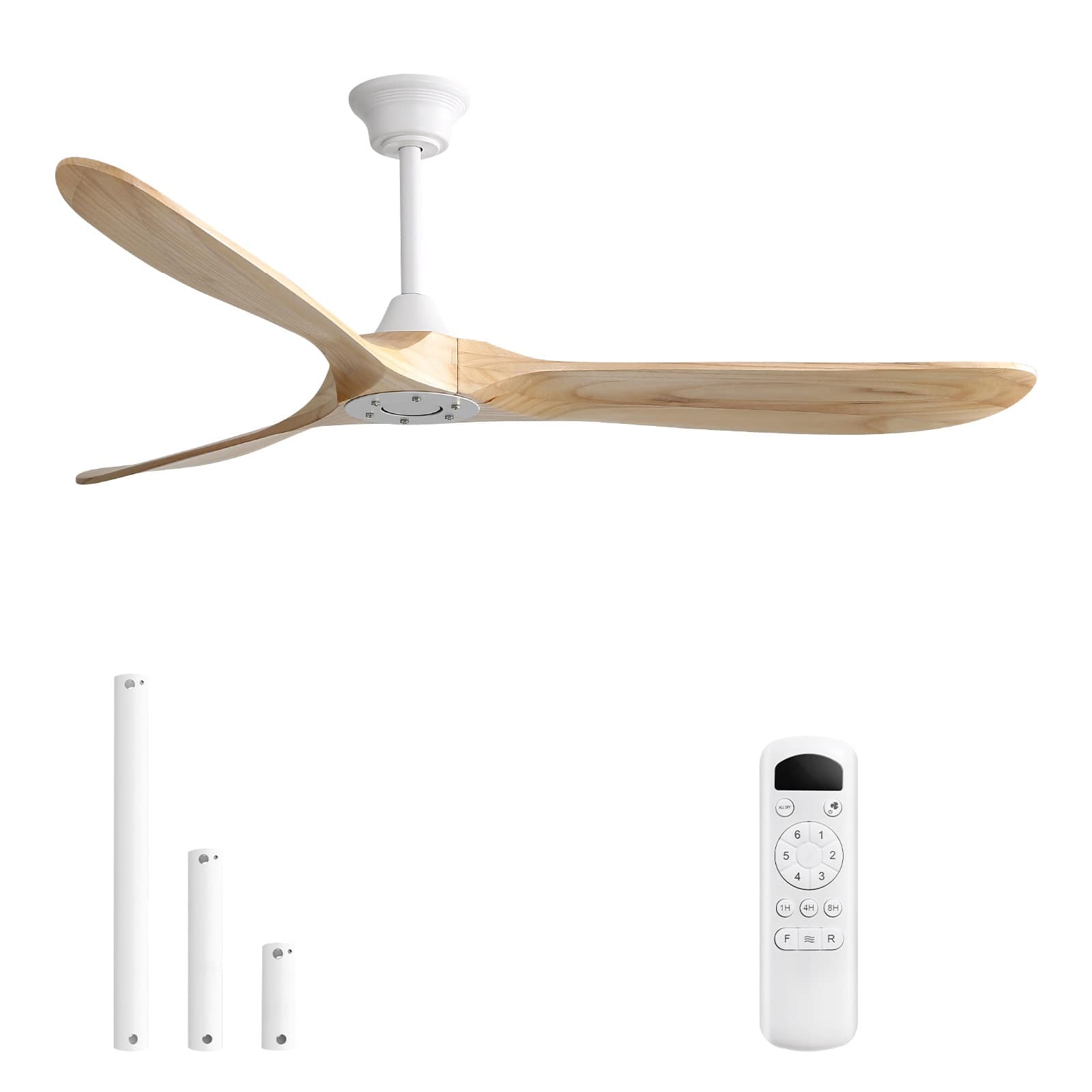 Sofucor - 60" Solid Wood Ceiling Fan No Light With Remote Quiet Outdoor Indoor Ceiling Fan for Patio Bedroom Porch Farmhouse - White - Burley Wood