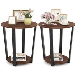 Costway - 2-Tier Accent Side Table w/ Metal Frame Industrial Nightstand Bedside Table - Walnut
