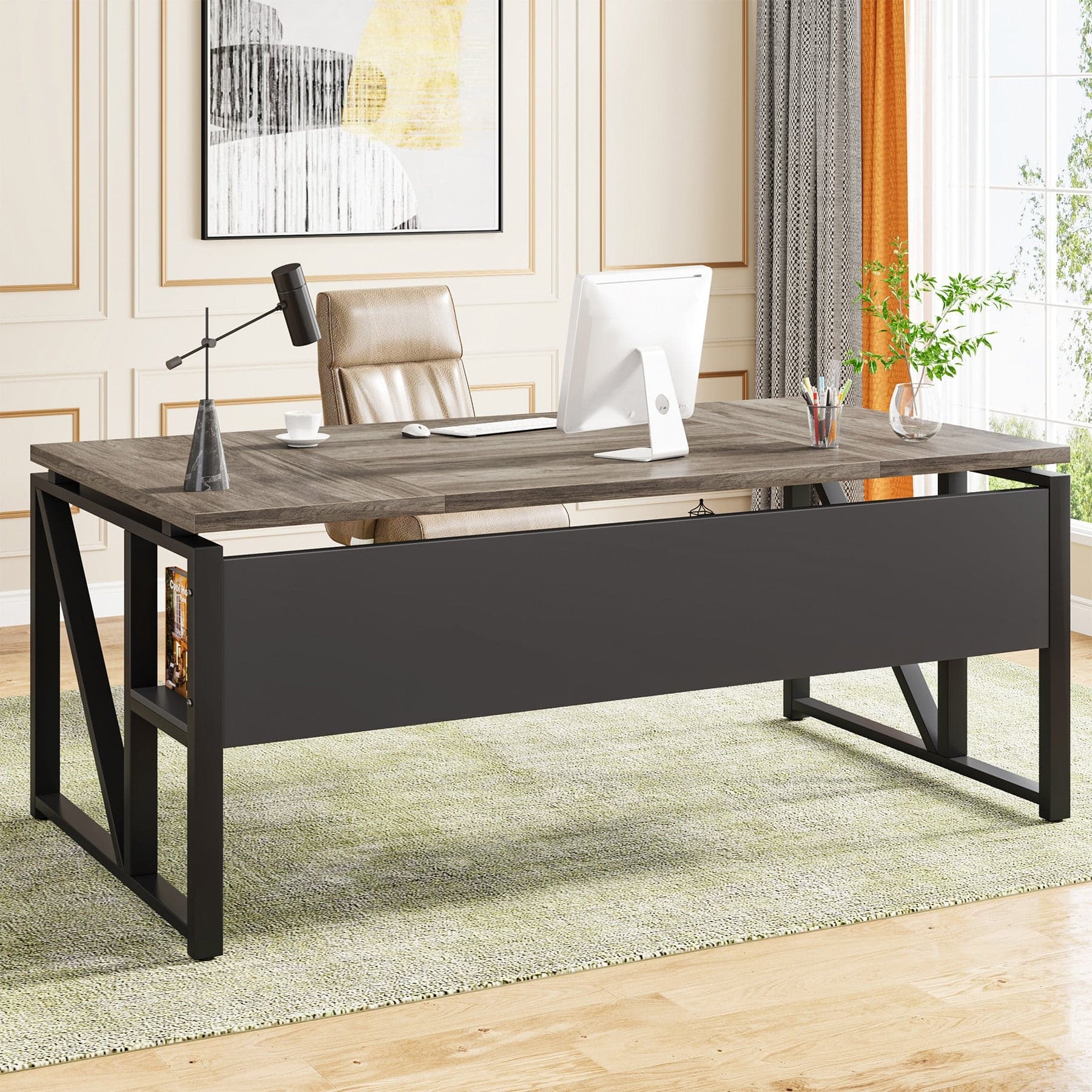 Tribesigns - Office Computer Desk with Metal Frame, Storage Shelves, for Computer Work, Writing and Study in Home Offices - Gray
