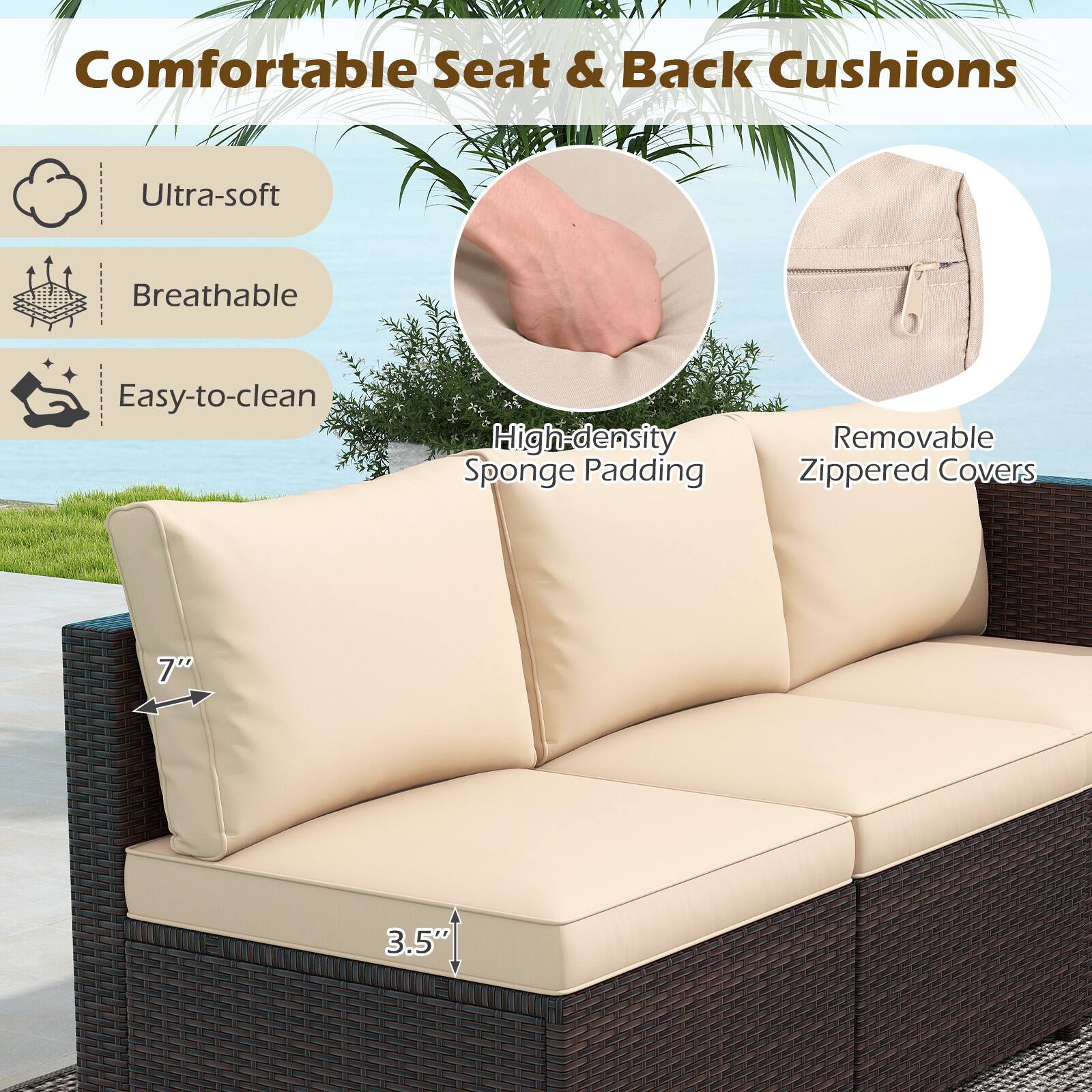 Comfortable Seat & Back Cushions | Ultra-soft | Breathable | Easy-to-clean | High-density Sponge Padding | Removable Zippered Covers | 7 3.5"