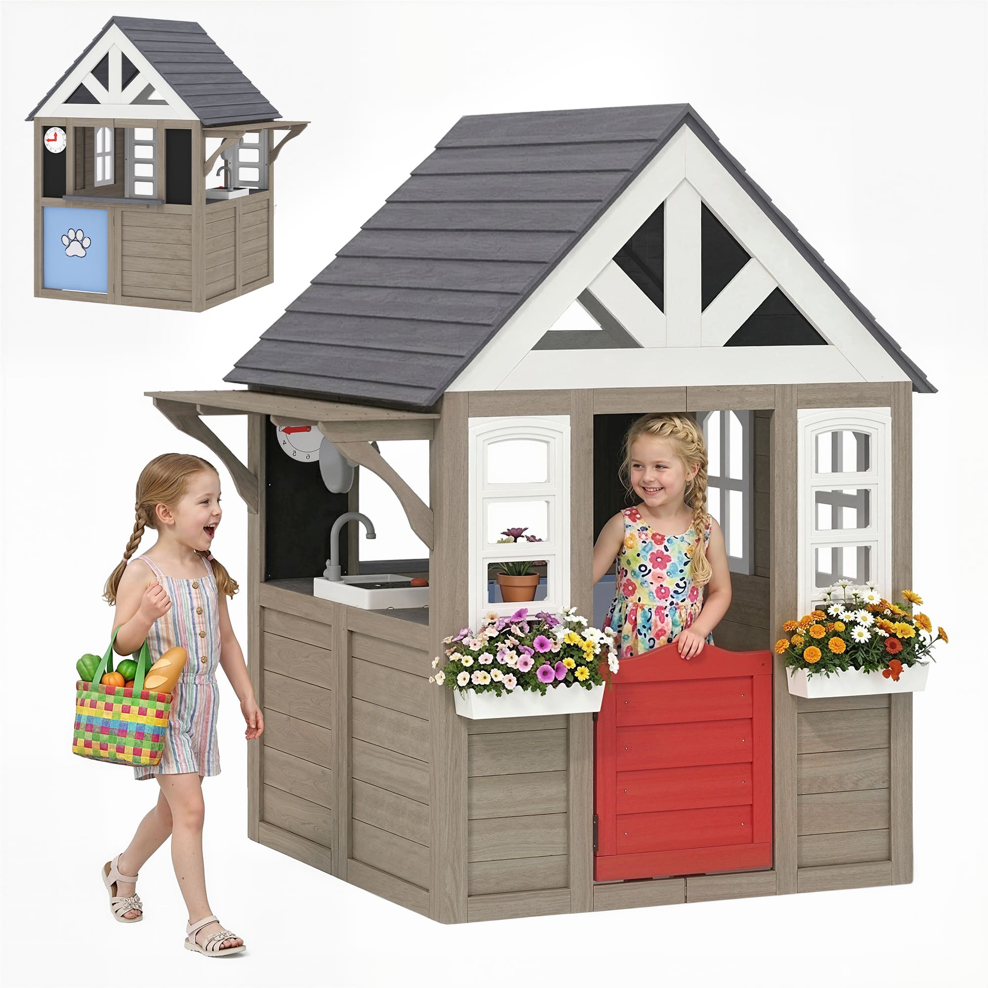 Qaba - Playhouse, Wooden Kids Playhouse with Dog Door, Flower Box - Gray price history on PriceWatchPro