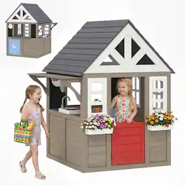 Qaba - Playhouse, Wooden Kids Playhouse with Dog Door, Flower Box - Gray