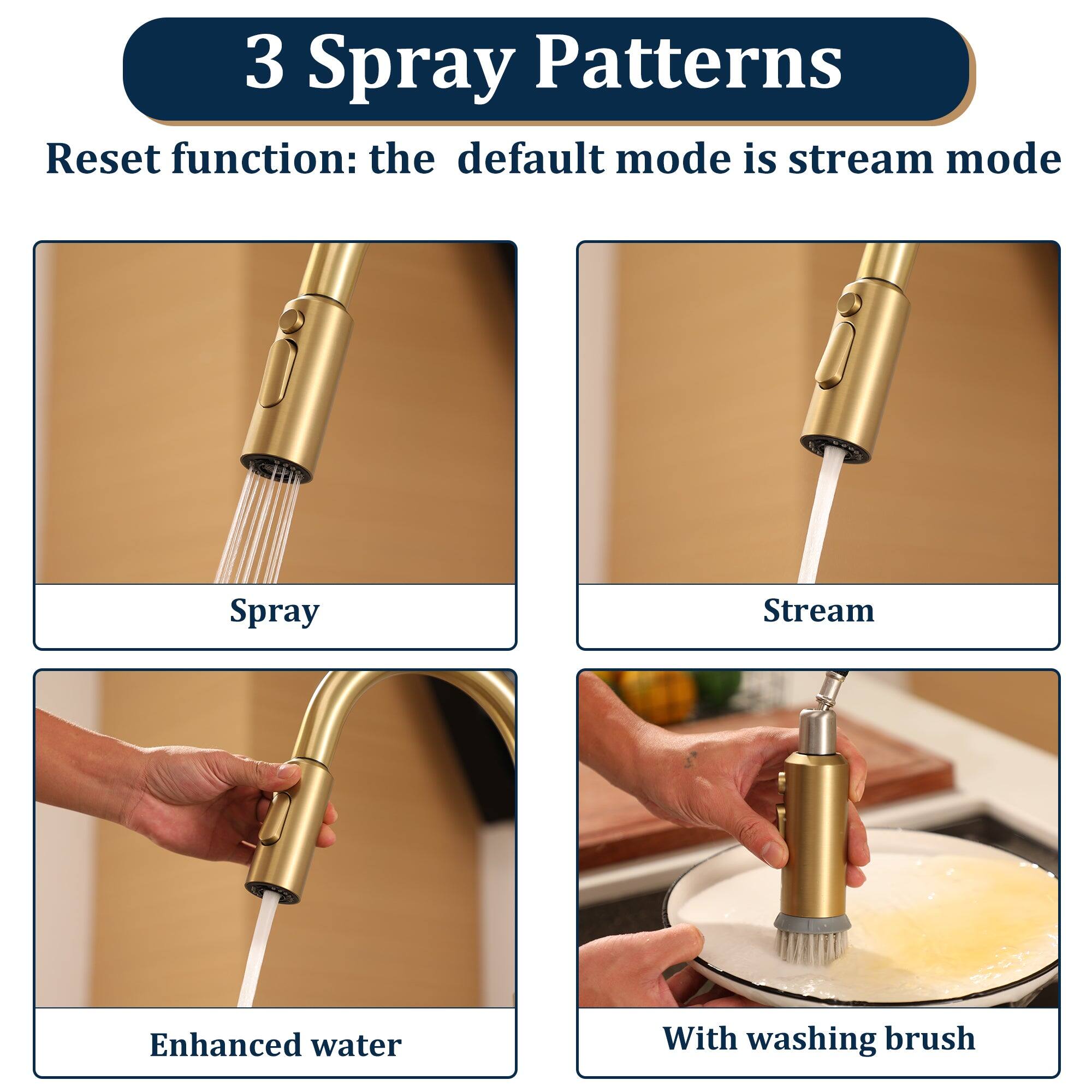 3 Spray Patterns
Reset function: the default mode is stream mode
Spray
Stream
Enhanced water
With washing brush