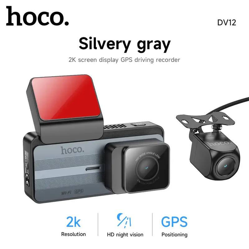 hoco.  
Silvery gray  
2K screen display GPS driving recorder  

DV12  

2k  
Resolution  

HD night vision  

GPS  
Positioning  

WI-FI GPS  

140° WIDE ANGLE LENS  

8 MEGA PIXELS