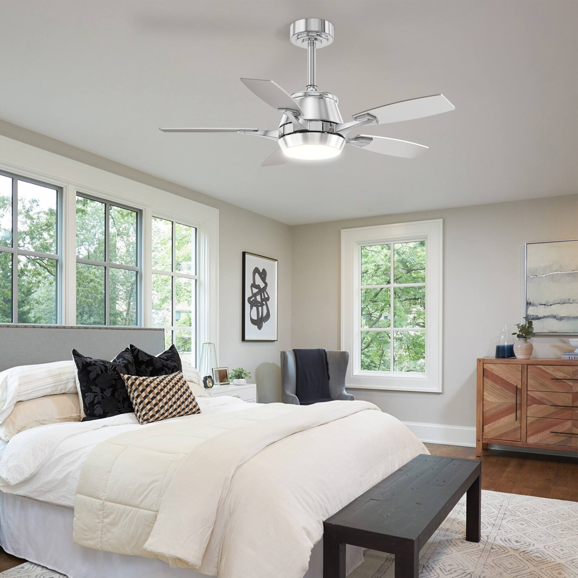 Angle. Siljoy - 42" Modern Low Profile Ceiling Fan with Light and APP/Remote,DC Reversible Motor, Dimmable LED for Bedroom/Living Room - Chrome.