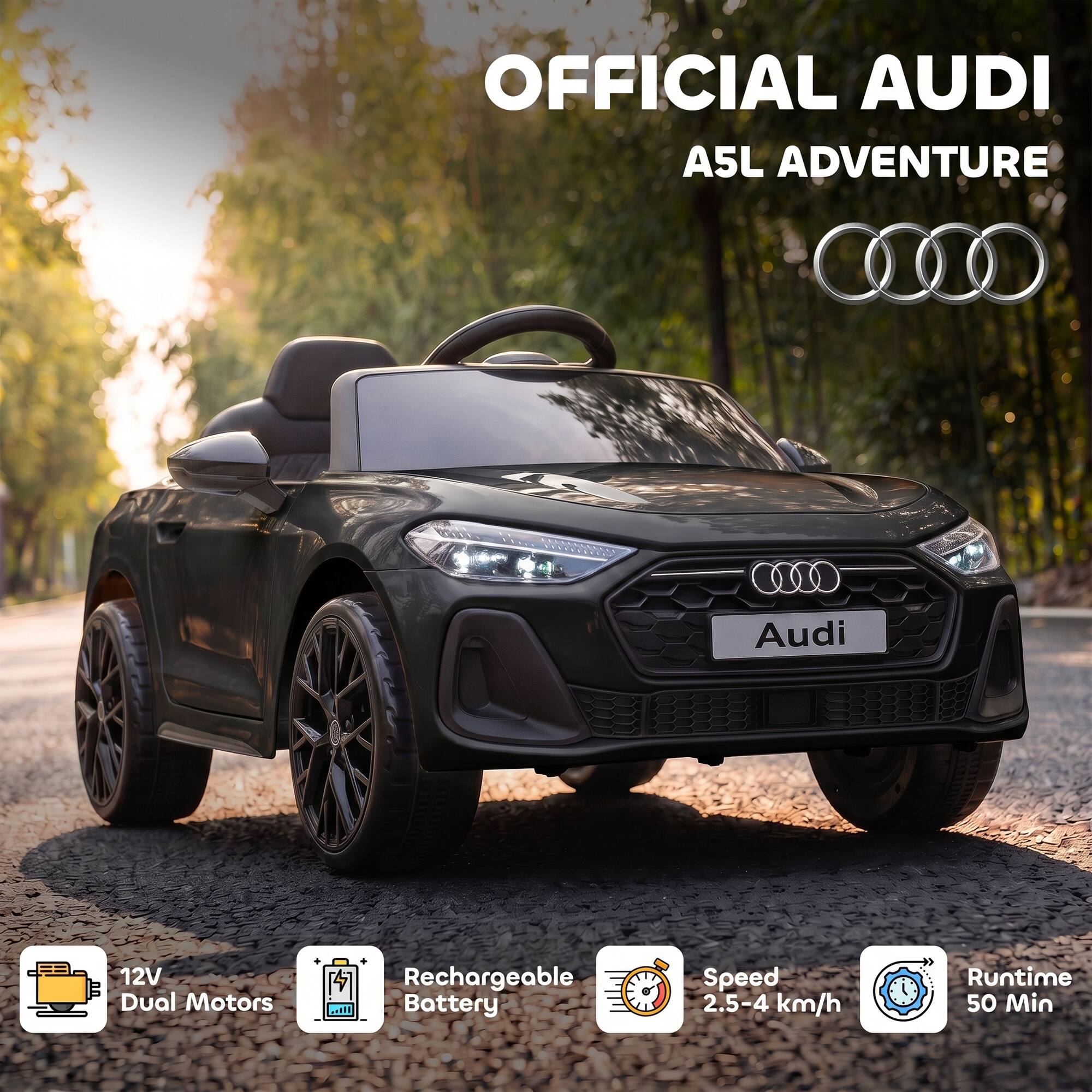 OFFICIAL AUDI A5L ADVENTURE

Audi

12V Dual Motors
+
Rechargeable Battery
Speed 2.5-4 km/h
Runtime 50 Min