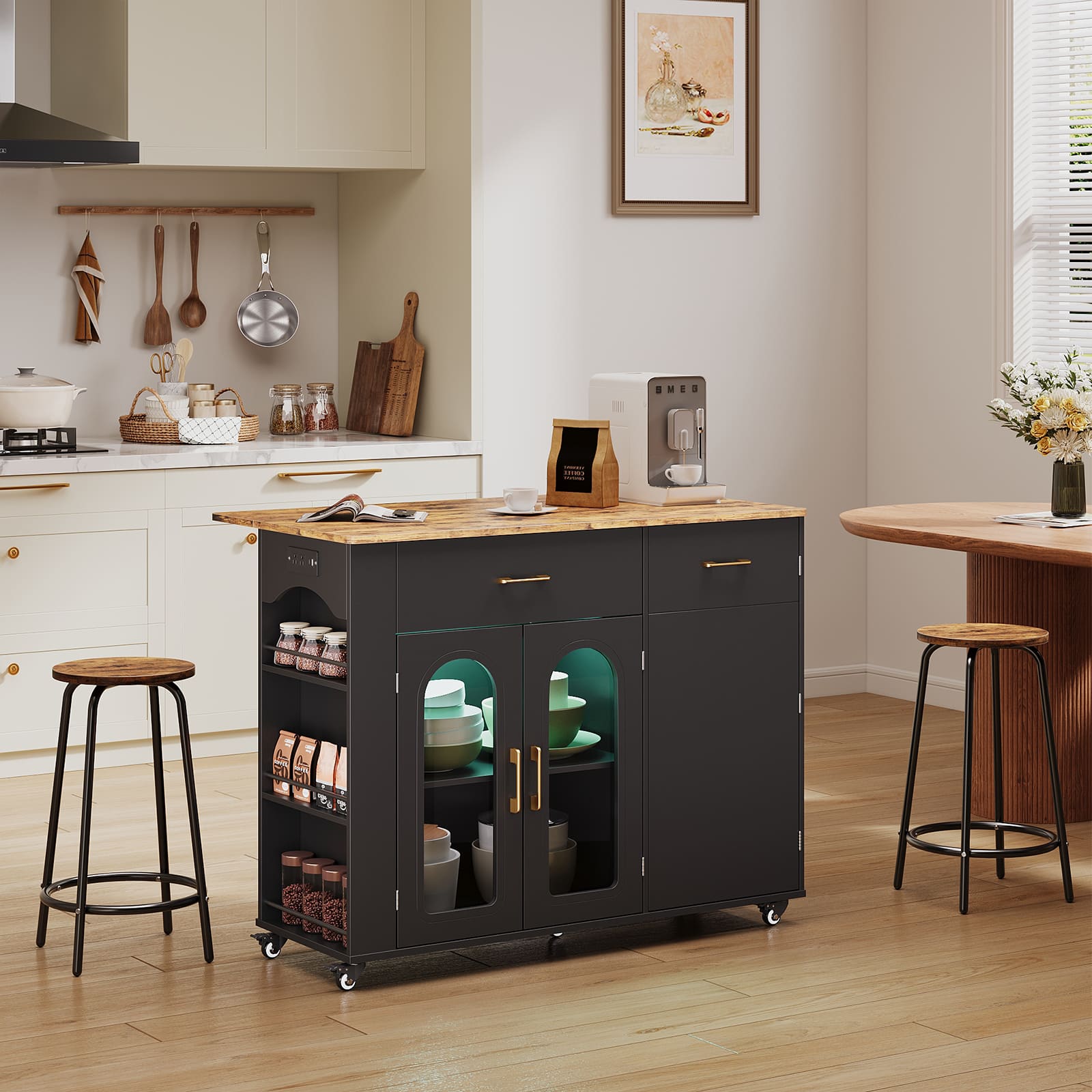 Bestier - Kitchen Island Cart with Storage Cabinet LED Lights Power Outlet and 2 Stackable Stools - Rustic Brown