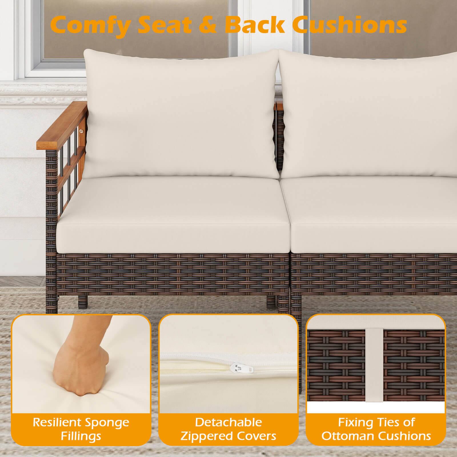 Comfy Seat & Back Cushions  
Resilient Sponge Fillings  
Detachable Zippered Covers  
Fixing Ties of Ottoman Cushions
