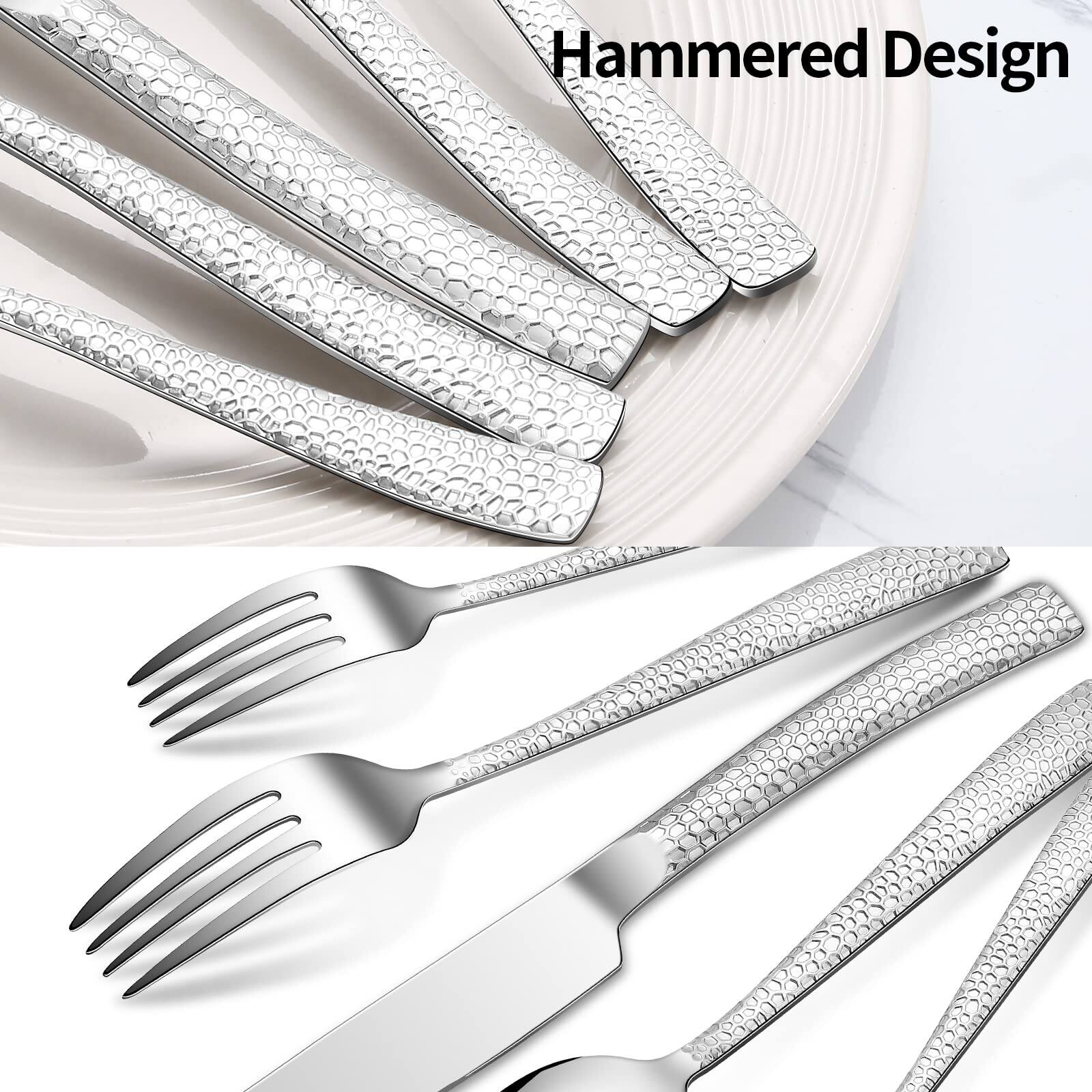 Alt View 1. Dazzed Corner - 20-Piece Silverware Set, Silver Hammered Stainless Steel Flatware for 4 - NYR6HLK.