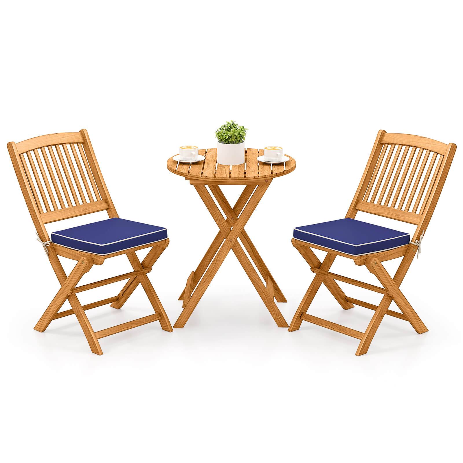 Alt View 1. Costway - Costway 3PCS Patio Folding Wooden Bistro Set Cushioned Chair Conversation Navy Cushion - Natural+Navy Blue.