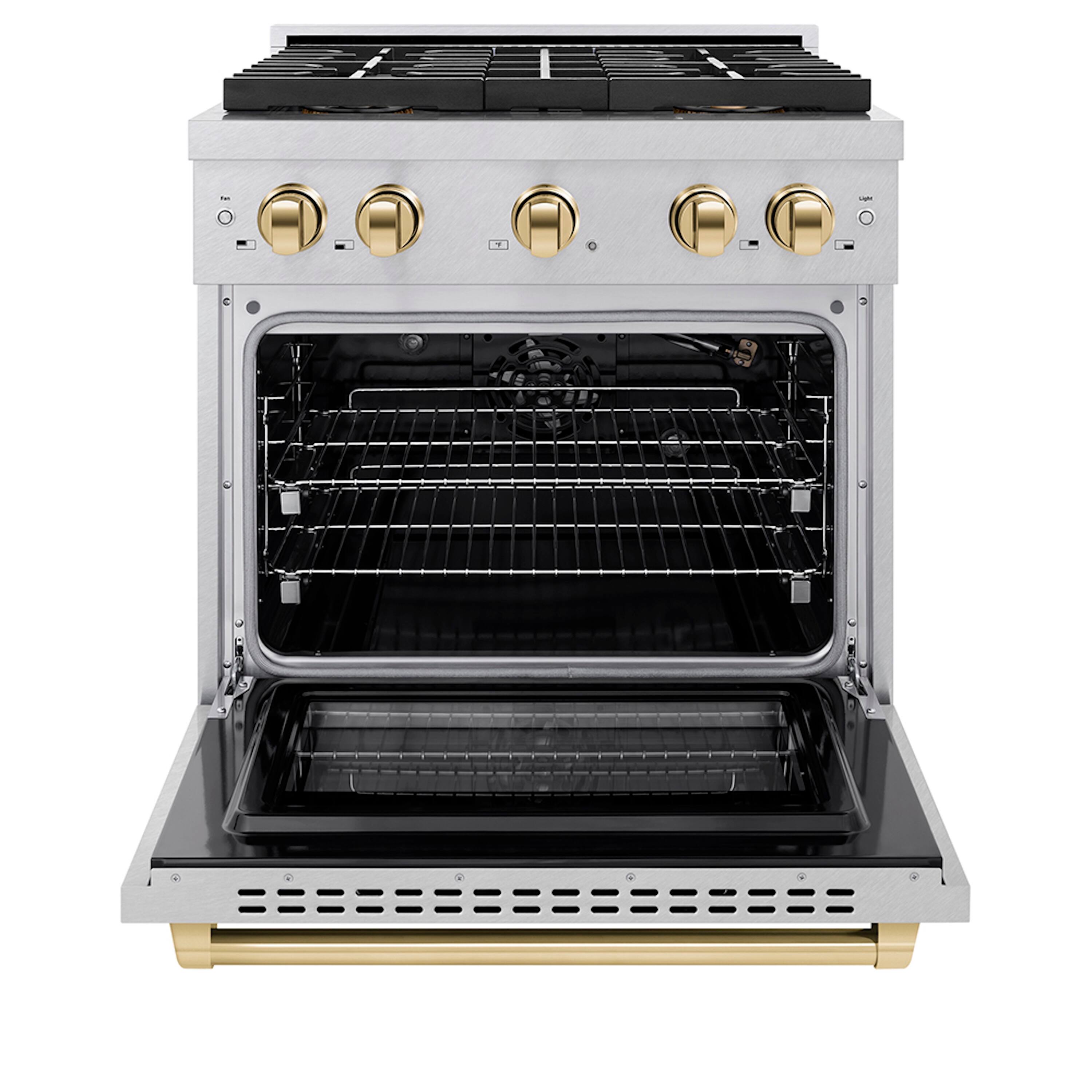 Angle. ZLINE - ZLINE Autograph 30 in. 4.2 cu. ft. Freestanding Paramount Gas DuoPro Range in Satin Steel and Polished Gold Accents - Stainless Steel.
