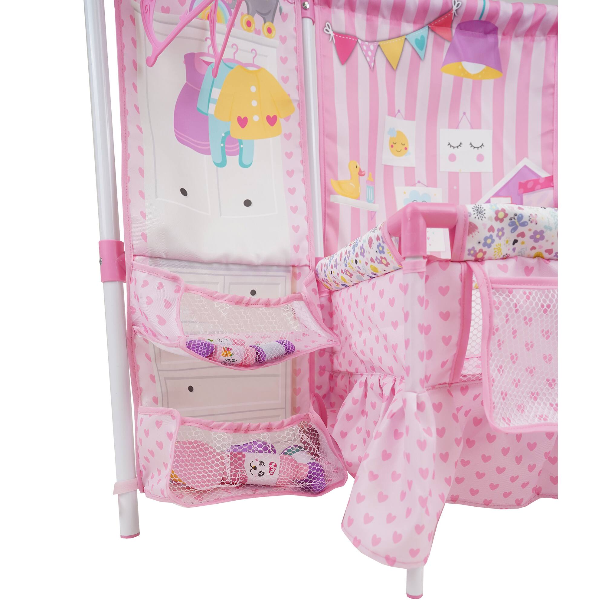 Back. 509 Crew - 509 Crew - Doll Furniture Set W/ 14" Baby Doll, Built in Highchair & Play Yard, Accessories.