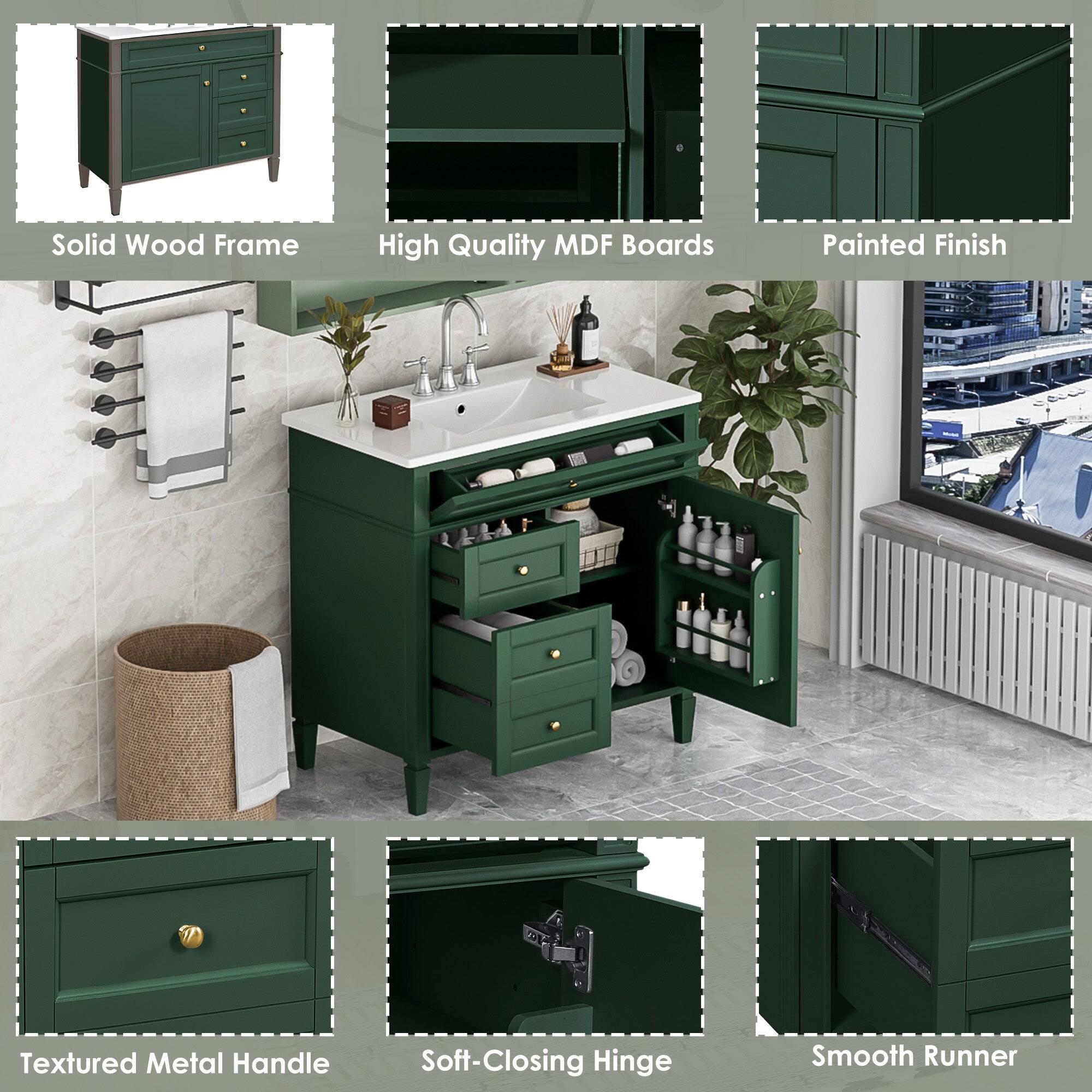 Solid Wood Frame  
High Quality MDF Boards  
Painted Finish  
Textured Metal Handle  
Soft-Closing Hinge  
Smooth Runner