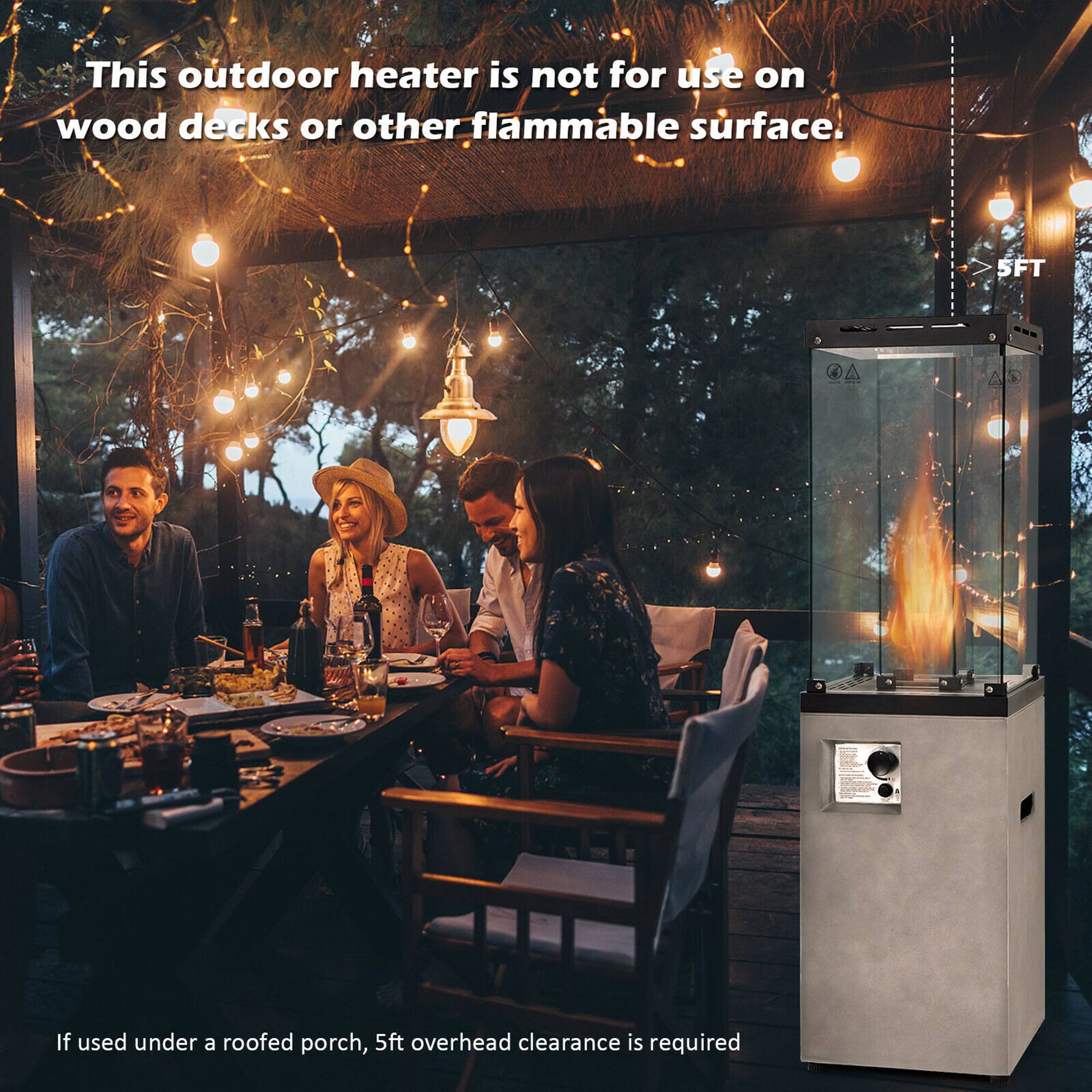 This outdoor heater is not for use on wood decks or other flammable surface.

If used under a roofed porch, 5ft overhead clearance is required.