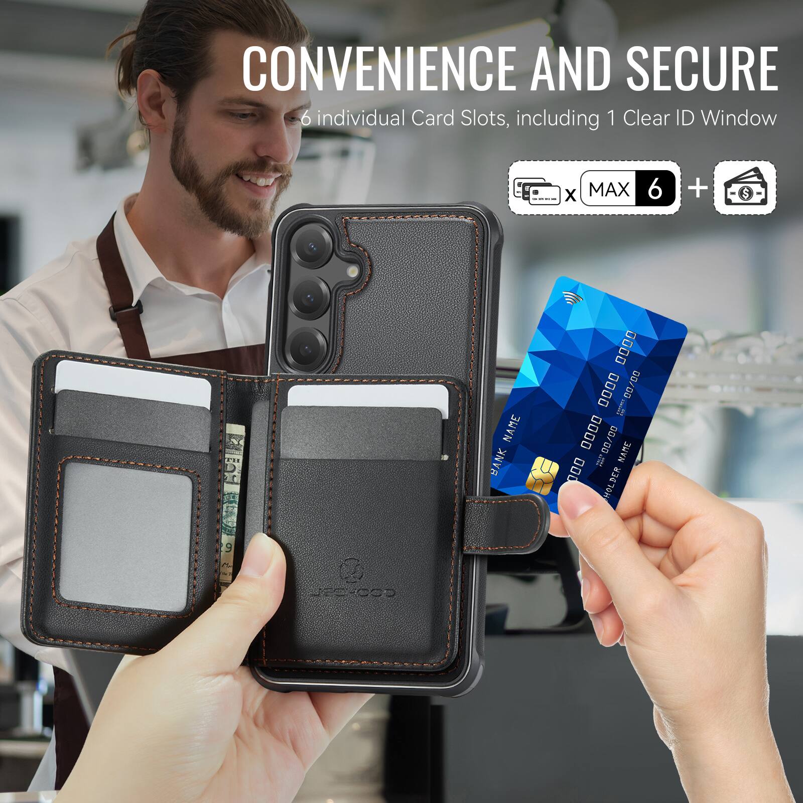 CONVENIENCE AND SECURE  
6 individual Card Slots, including 1 Clear ID Window  
MAX 6 + $  
PIs NAME BANK 0000 0000 00/D0 DO Ia 0000 00/00  
NAME D00 HOLDER 9  
COD-ISL