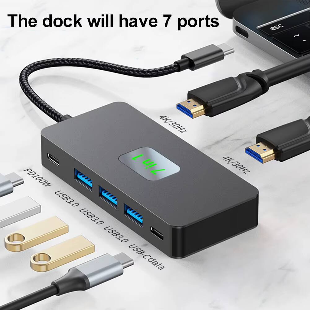 The dock will have 7 ports:

1. 4K 30Hz
2. 1 x PD100W
3. 3 x USB3.0
4. 1 x USB-C data
5. 2 x 4K 30Hz