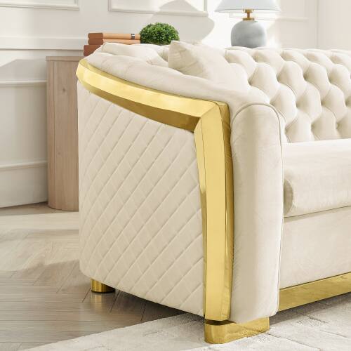 Alt View 3. Anysun - 84" 3-Seat Velvet Chesterfield Sofa - Button Tufted, Gold Stainless Steel Trim, Mid-Century Modern with 2 Pillows - Beige.