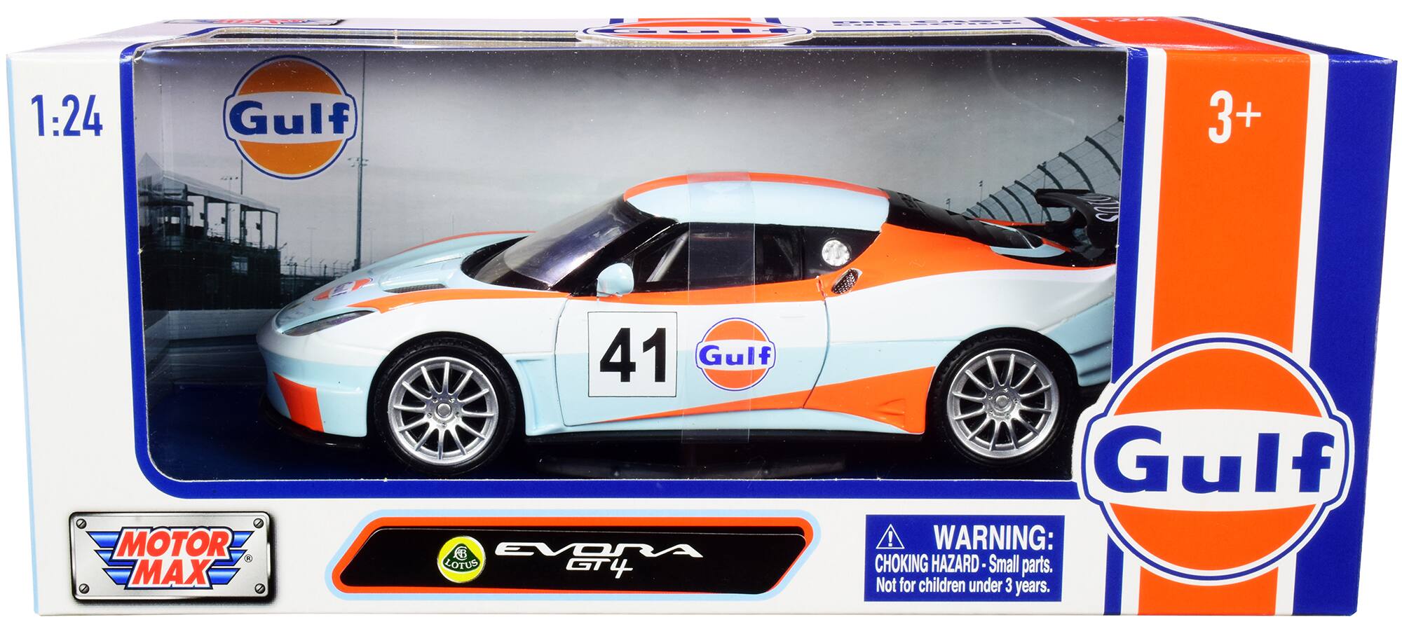 - 72 1:24 Gulf 3+ MOTOR MAX 41 Gulf G EVORA LOTUS GT4 4 Gulf ! WARNING: CHOKING HAZARD-Small parts. Not for children under 3 years.