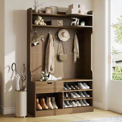 Front. Anysun - 5-in-1 Hall Tree with Bench & Shoe Storage - 3-Layer Cabinet, 7 Hooks, Drawer. 42.9"W x 15.94"D x 70.86"H, Country Style - Brown.