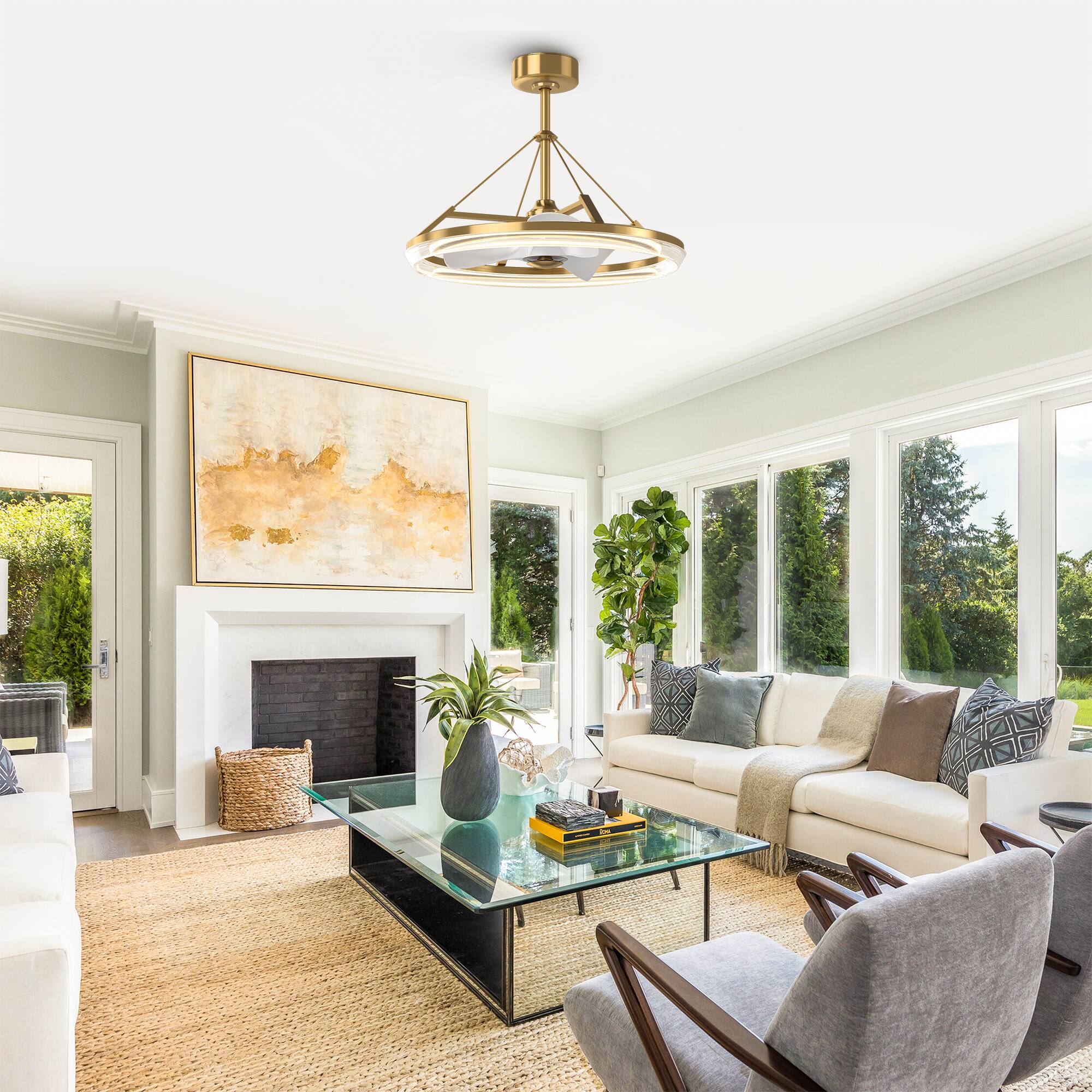 Left. Parrot Uncle - 30" Modern Gold  3CCT LED Fandelier Ceiling Fan with Light and Remote - Gold.