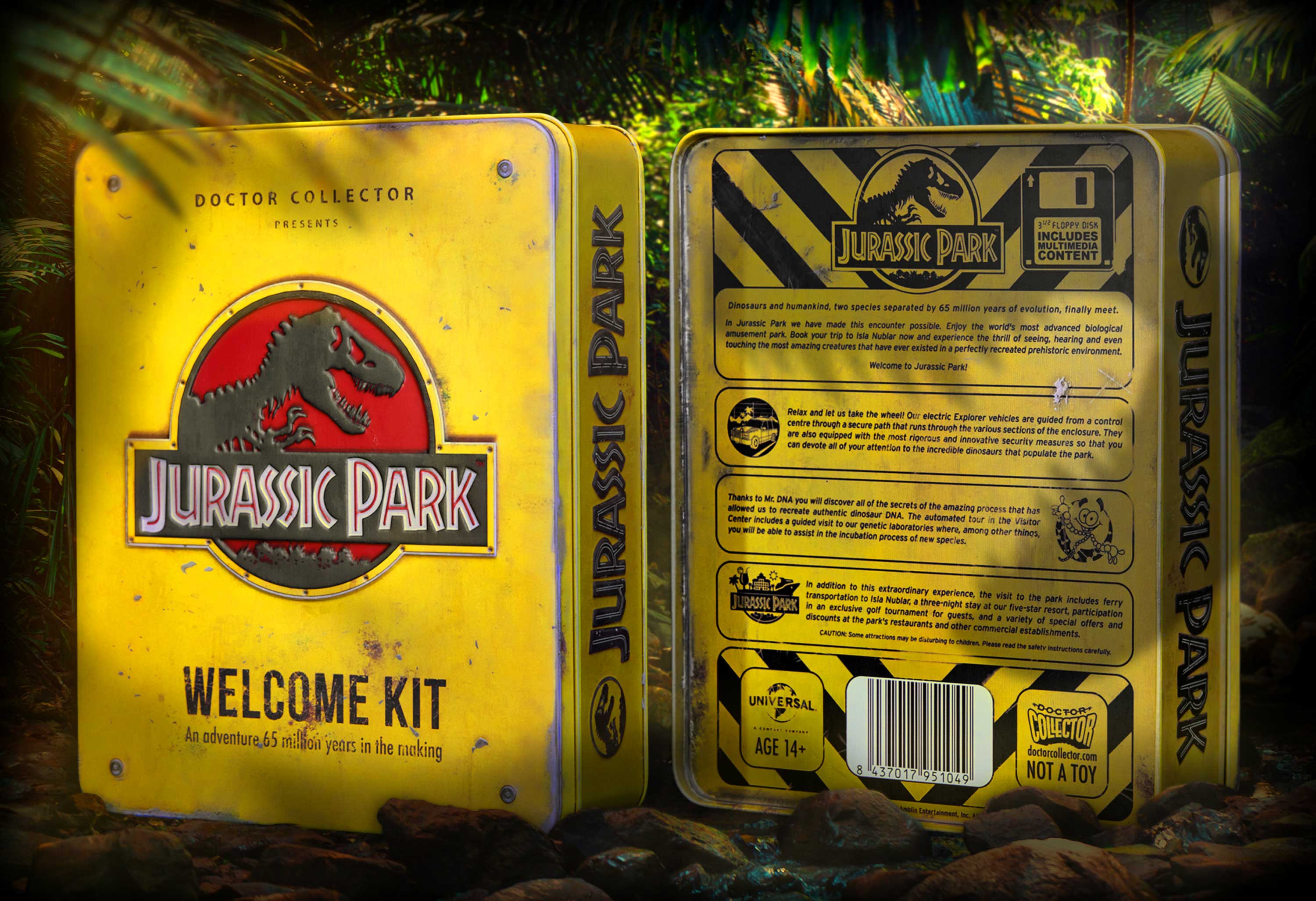 Doctor Collector Presents Jurassic Park Welcome Kit: An adventure 65 million years in the making. Jurassic Park has made this encounter possible. Enjoy the most advanced biological amusement park. Book your Nublar and experience seeing, hearing, and even touching the most amazing creatures that have ever existed. Perfectly recreated prehistoric environment. Welcome to Jurassic Park: Relax and take the wheel of electric Explorer vehicles guided from the center through a secure path that runs through various sections of the enclosure. They are also equipped with the most rigorous innovative security measures to devote your attention to the incredible dinosaurs that populate the park. Thanks to DINA, the process of discovering and allowing secrets of the amazing process to recreate authentic dinosaur DNA has been automated, including a guided virtual tour of the Visitor Center dinosaur exhibit.