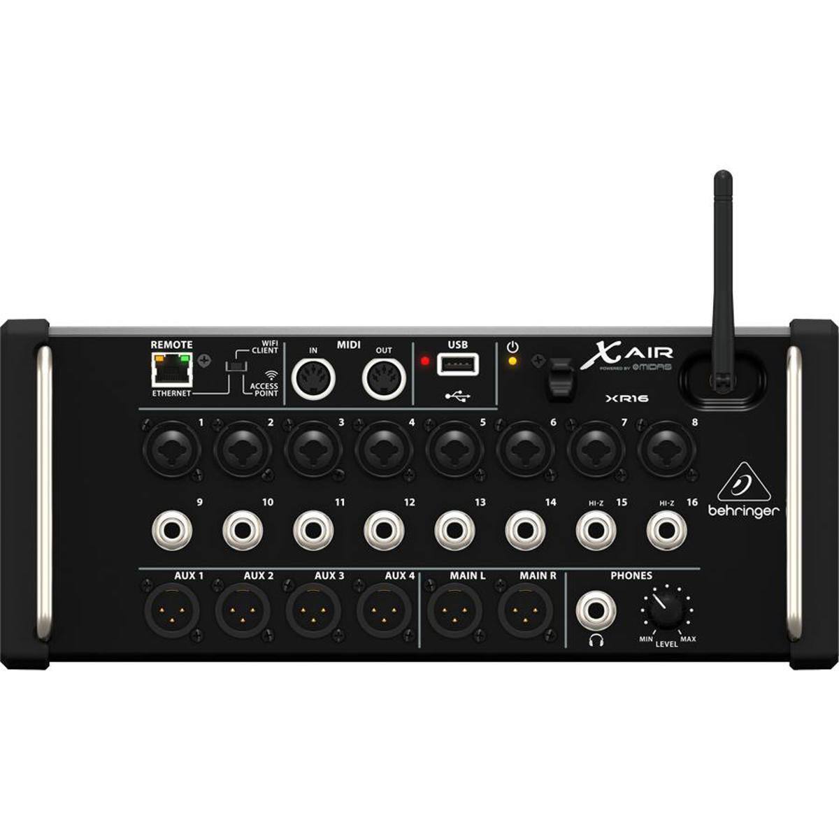 REMOTE ETHERNET WIFI CLIENT ACCESS POINT IN MIDI OUT USB XAIR XR16 1 2 3 4 5 6 7 8 9 10 11 12 13 14 HI-2 15 HI-2 16 behringer AUX 1 AUX 2 AUX 3 AUX 4 MAIN L MAIN R PHONES MIN LEVEL