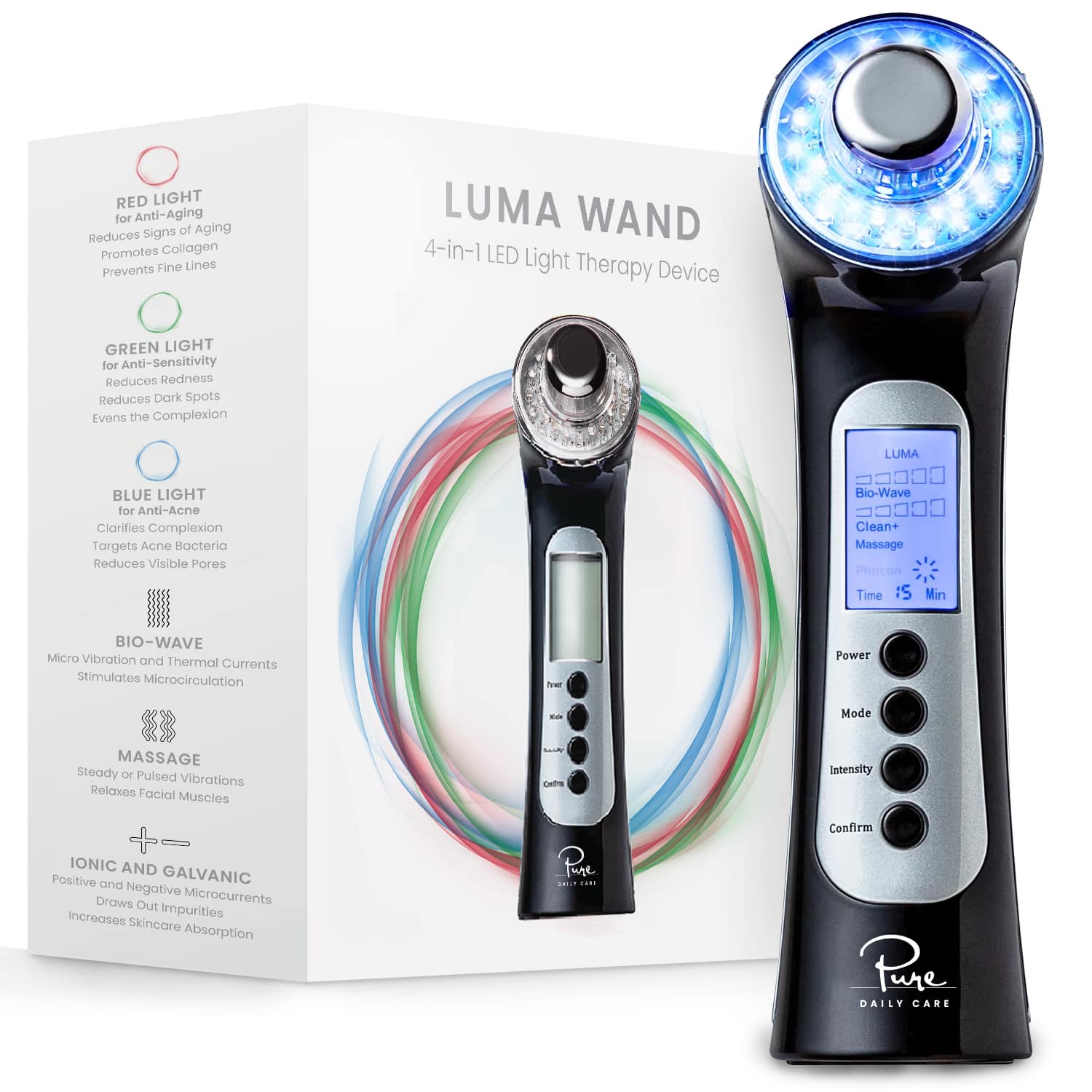 Pure Daily Care - Luma Skin Therapy Wand - 4-in-1 Facial Treatment - Black