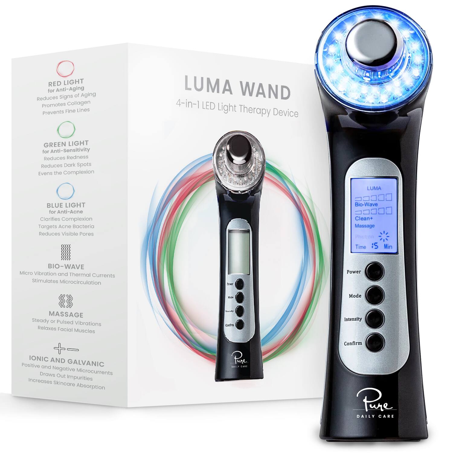 Pure Daily Care - Luma Skin Therapy Wand - 4-in-1 Facial Treatment - Black