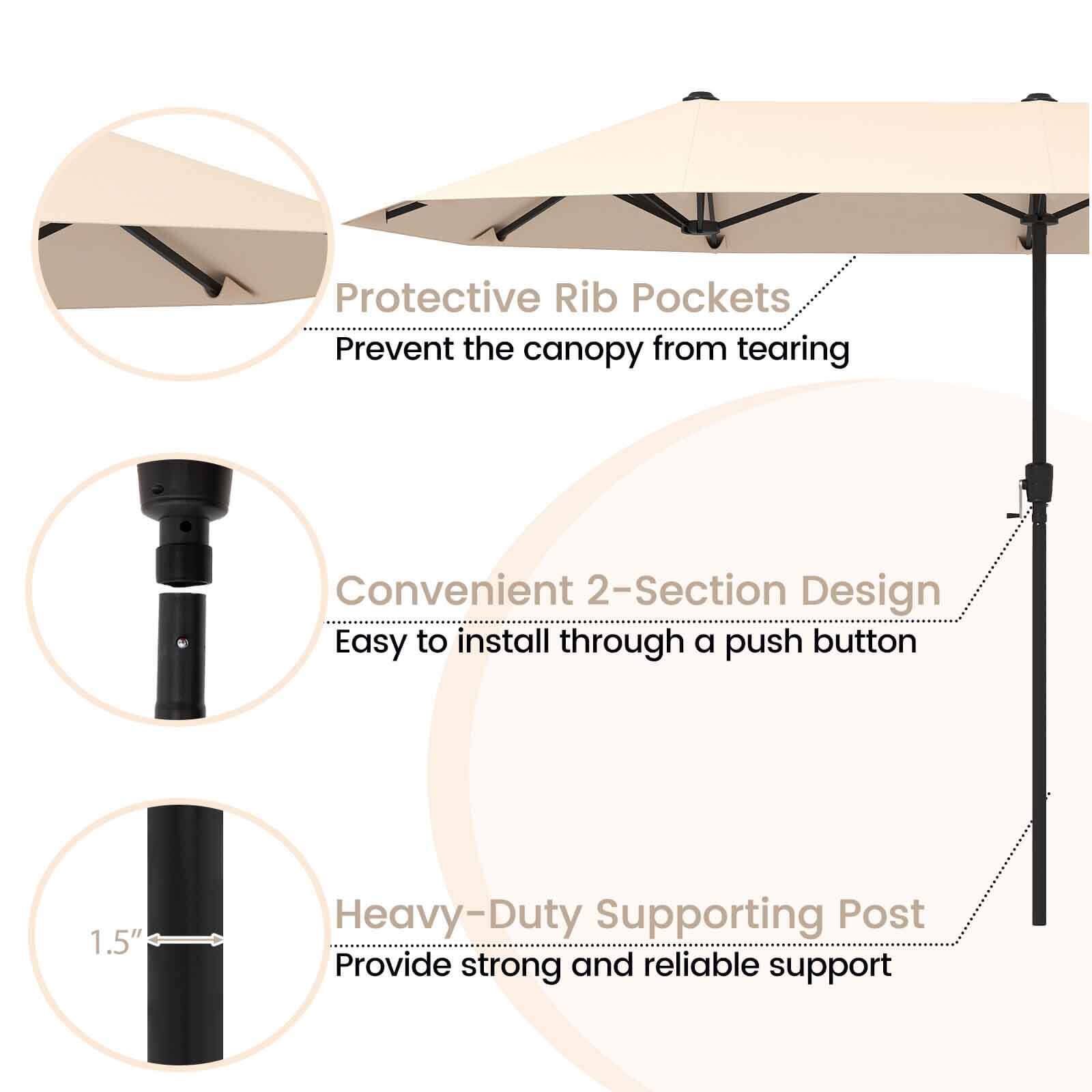The image features a large umbrella with a detailed description of its features. The umbrella has protective rib pockets to prevent the canopy from tearing, a convenient 2-section design for easy installation, and a heavy-duty supporting post for strong and reliable support. The umbrella also has a push button for easy installation.