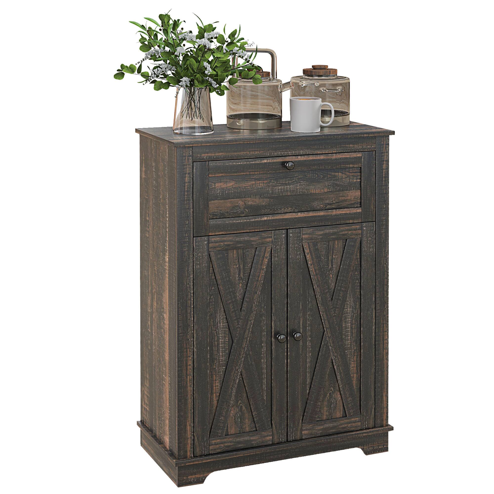 Homcom - Farmhouse Barn Door Accent Cabinet, Kitchen Sideboard Storage Cabinet with Double Doors, Drawer, Adjustable Shelf - Brown