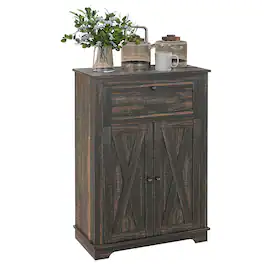 Homcom - Farmhouse Barn Door Accent Cabinet, Kitchen Sideboard Storage Cabinet with Double Doors, Drawer, Adjustable Shelf - Brown