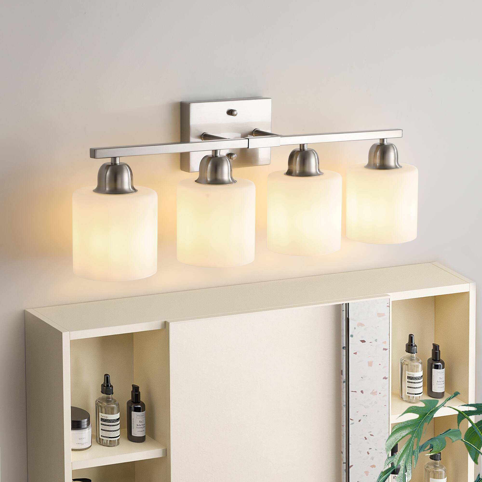 Left. APRILSOUL - 4-Light Modern Vanity Light Over Mirror Wall Sconces with Milky White Frosted Glass Shades E26 Socket Bulbs Not Included.