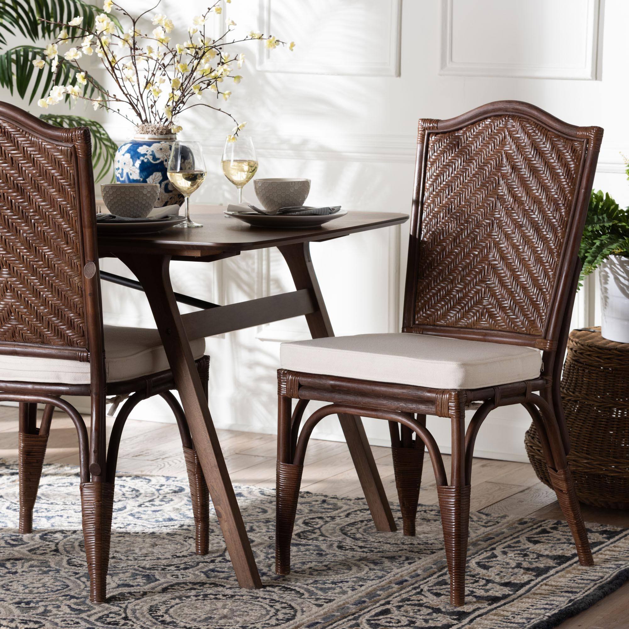 Alt View 3. bali & pari - Mahdis Natural Rattan 2-Piece Dining Chair Set with Cushion - Handwoven Wicker Accent Chair with Woven Chevron Back - Coffee Bean.