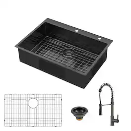 Siljoy - 30x22 Inch Drop in Topmount 18 Gauge Stainless Steel Single Bowl Kitchen Sink with Pull Out Faucet - Gunmetal Black
