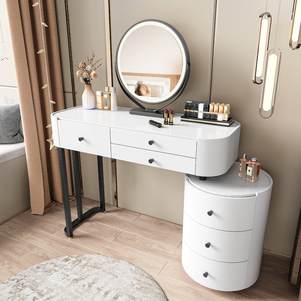 Alt View 3. Loheer - Loheer White Makeup Vanity with Detachable Mirror and Reversible Side Cabinet - White.