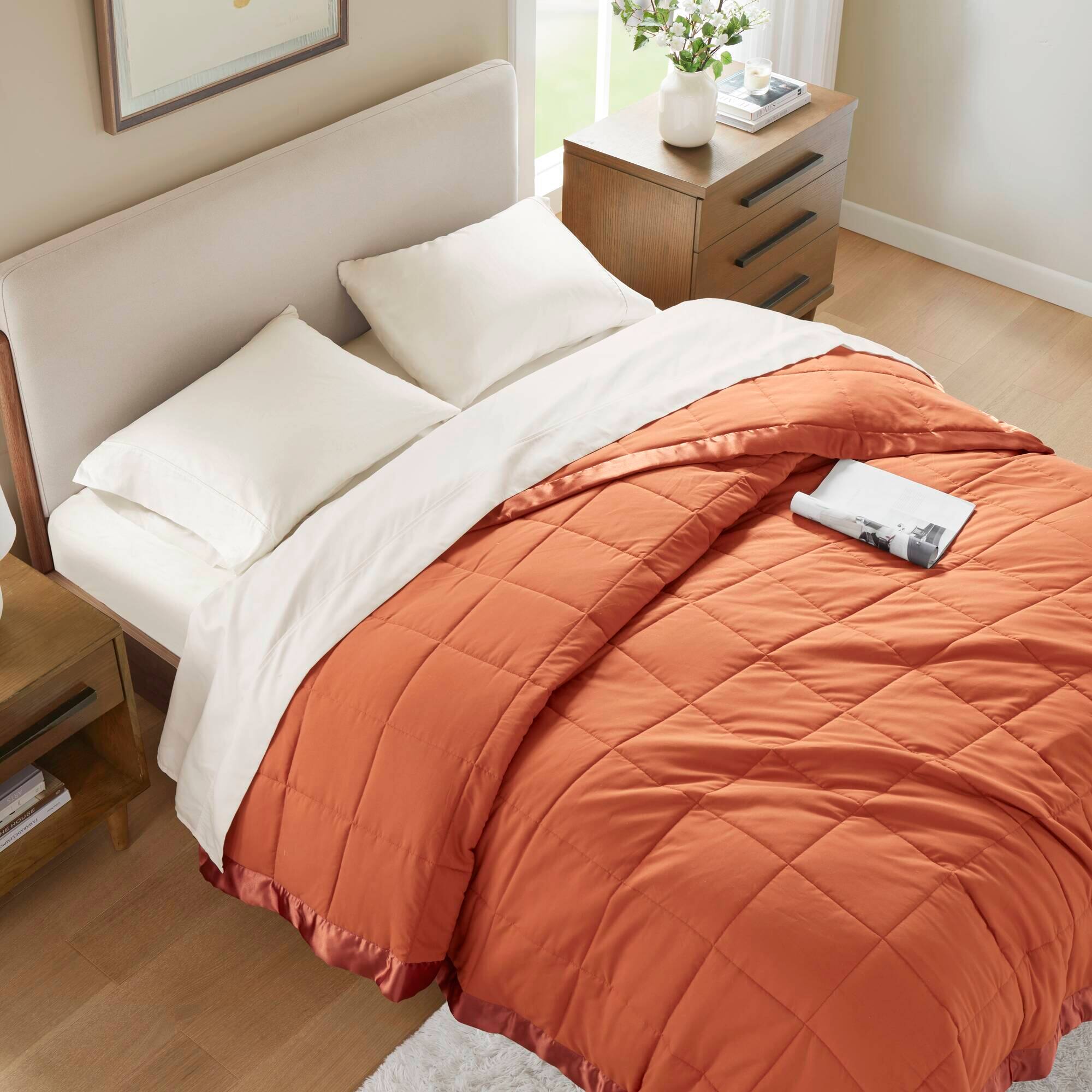Alt View 3. Gracie Mills - Seville Lightweight Down Alternative Blanket with Satin Trim - Orange.