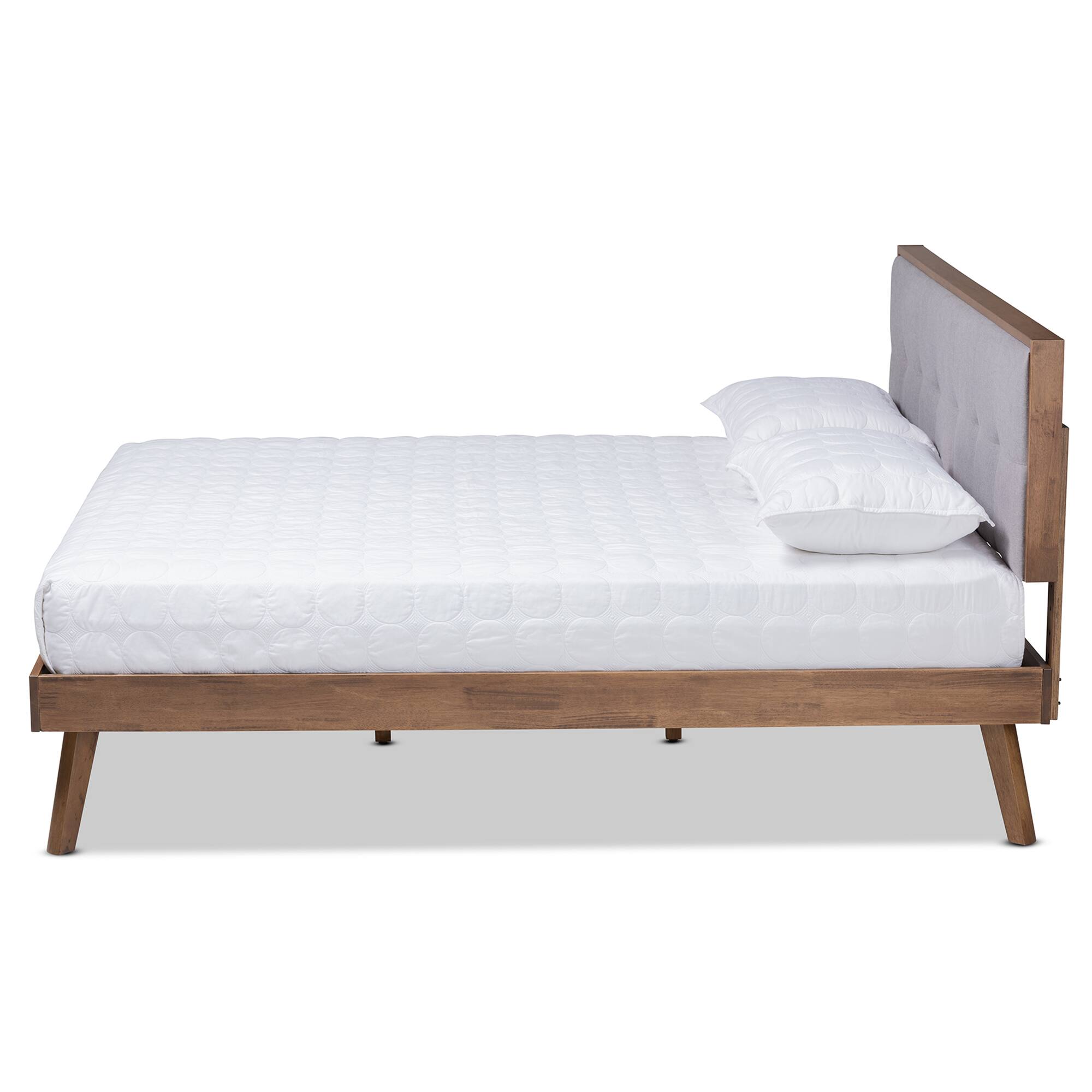 Angle. Baxton Studio - Alke Mid-Century Modern Fabric Upholstered Walnut Brown Finished Wood Platform Bed - Light Grey/Walnut.