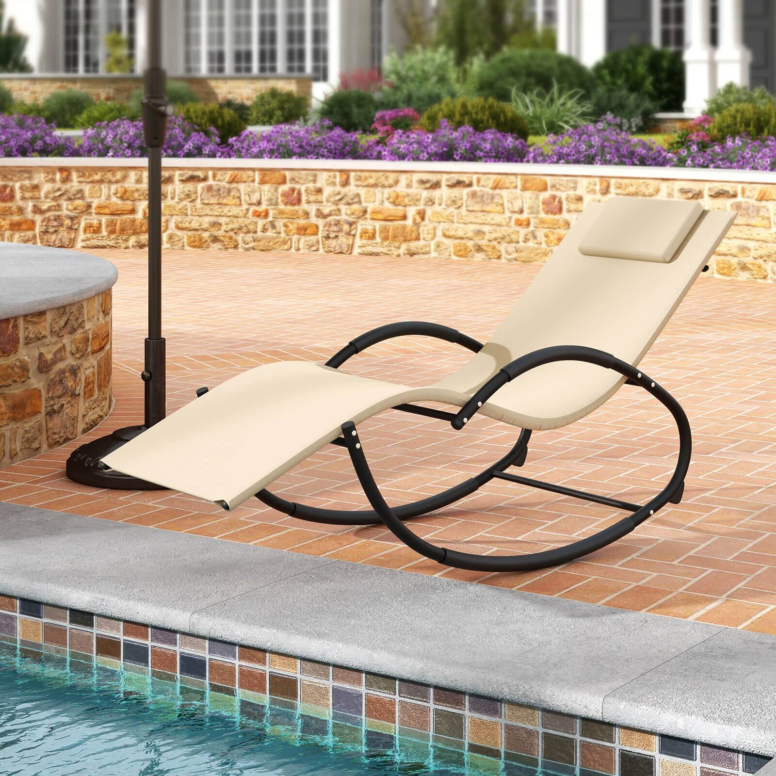 Alt View 3. Costway - Costway 1 PCS Outdoor Rocking Lounge Chair with Removable Headrest Breathable Backrest & Seat Beige - White.