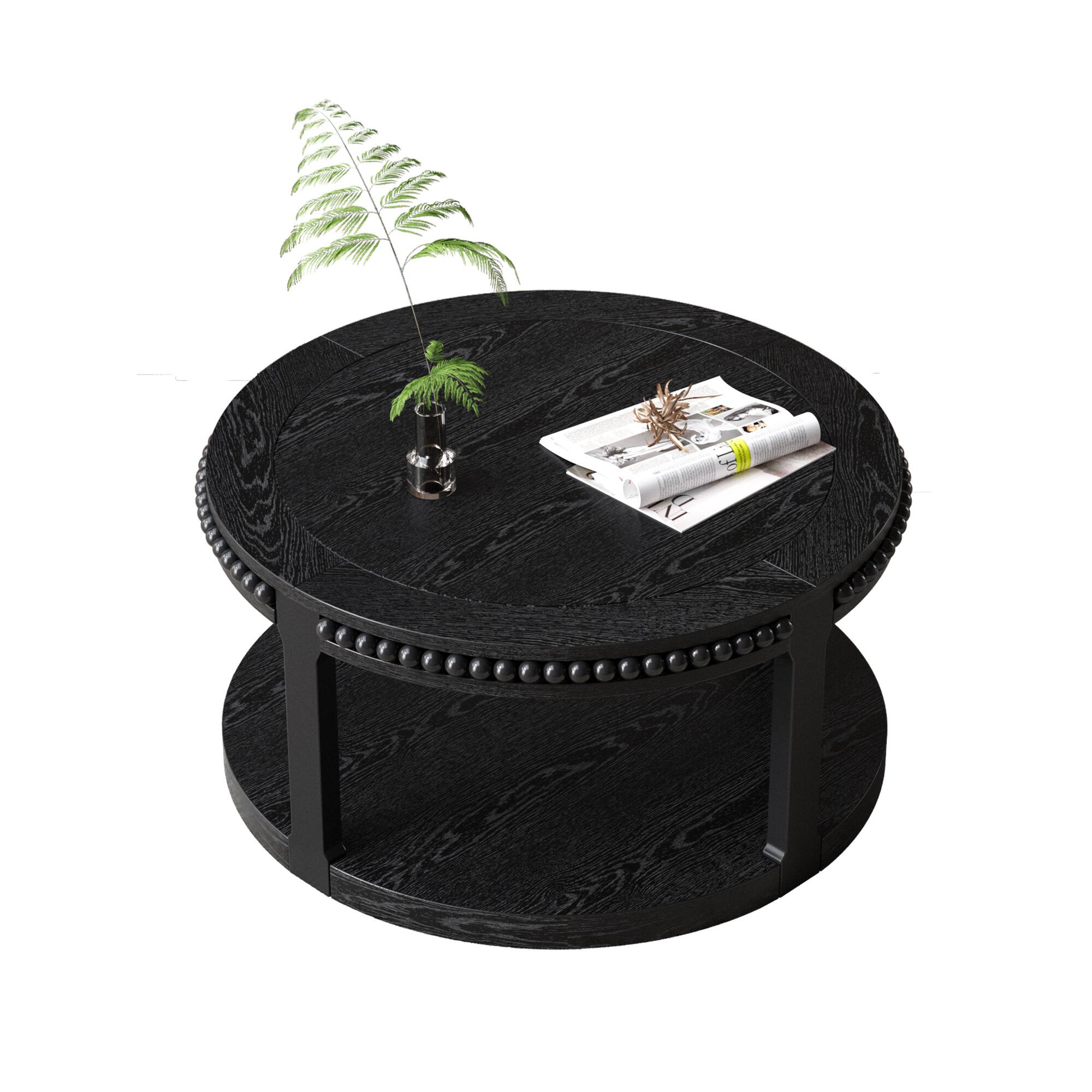 Back. Lirago - 32" Solid Wood Round Coffee Table 2Tier Rustic Wood Desktop with Open Shelving Storage Shelf Design for Living Room Home - Black.