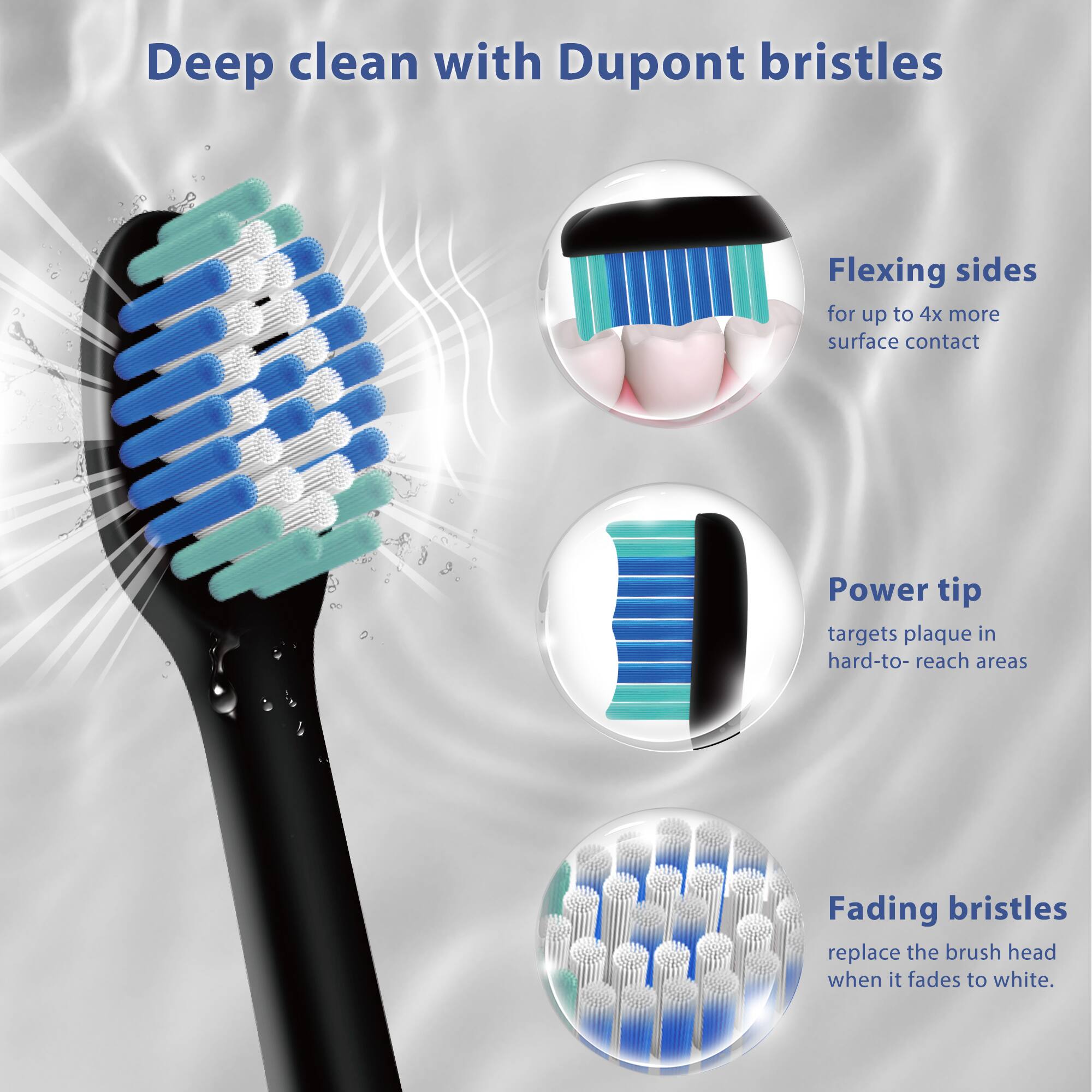 Deep clean with Dupont bristles. Flexing sides for up to 4x more surface contact. Power tip targets plaque in hard-to-reach areas. Fading bristles replace the brush head when it fades to white.