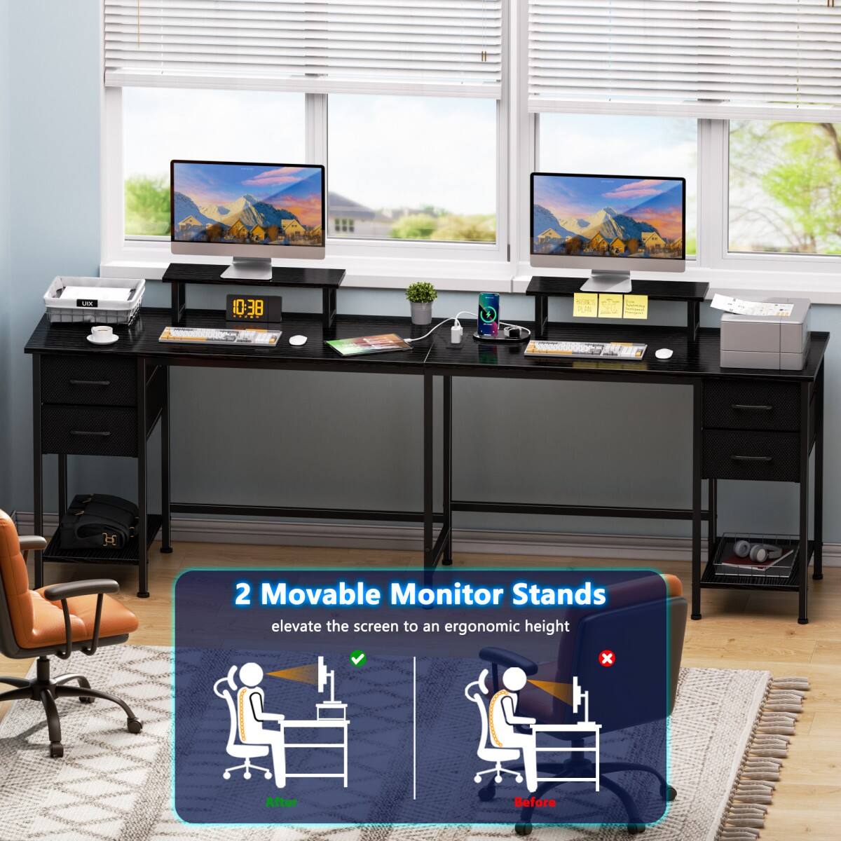 Furnulem L Shaped Computer Desk with Power Outlet and 4 Fabric Drawers ...