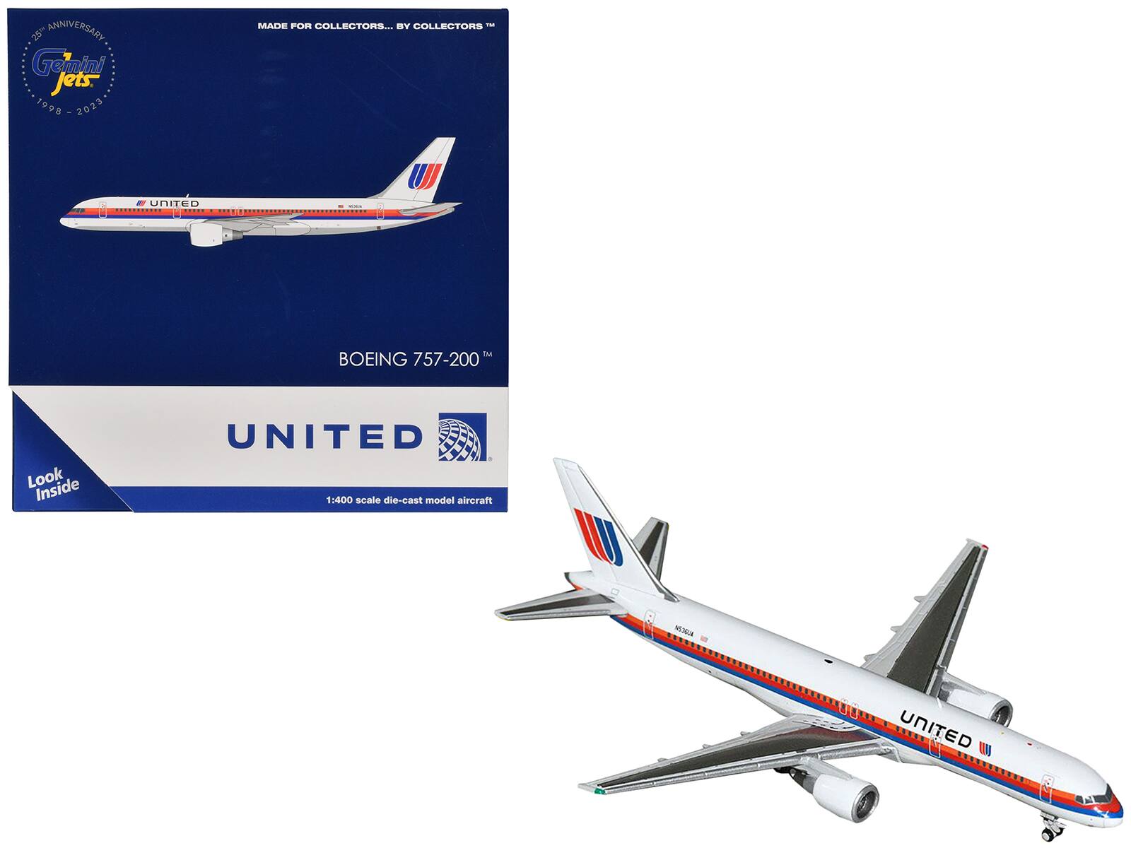 5th Anniversary Gemini Jets  
1998 - 2023  
MADE FOR COLLECTORS... BY COLLECTORS™  

BOEING 757-200™  
UNITED  
1:400 scale die-cast model aircraft  

Look Inside
