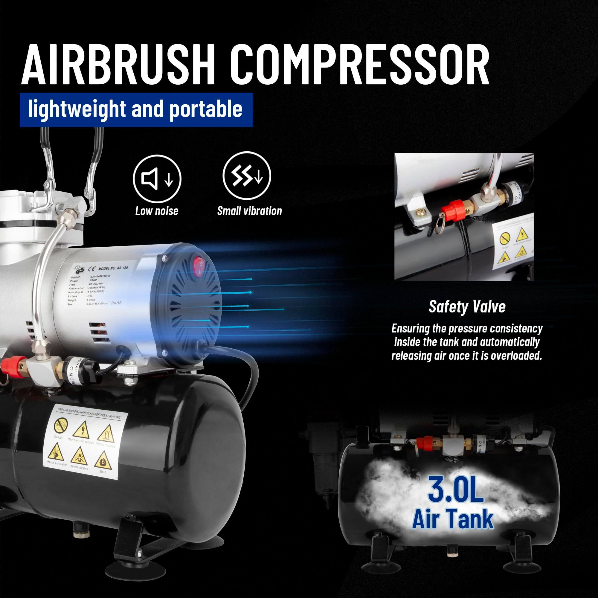 AIRBRUSH COMPRESSOR  
lightweight and portable  

- Low noise  
- Small vibration  

Safety Valve  
Ensuring the pressure consistency inside the tank and automatically releasing air once it is overloaded.  

3.0L Air Tank
