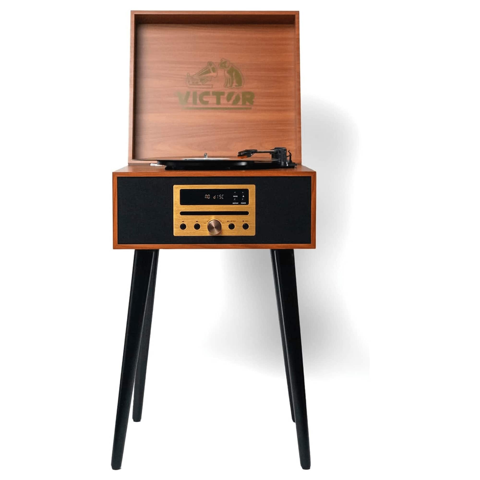 Victor Audio - Newbury 8-in-1 Music Center w Chair-Height Legs, USB Slot & AM FM Radio - Mahogany
