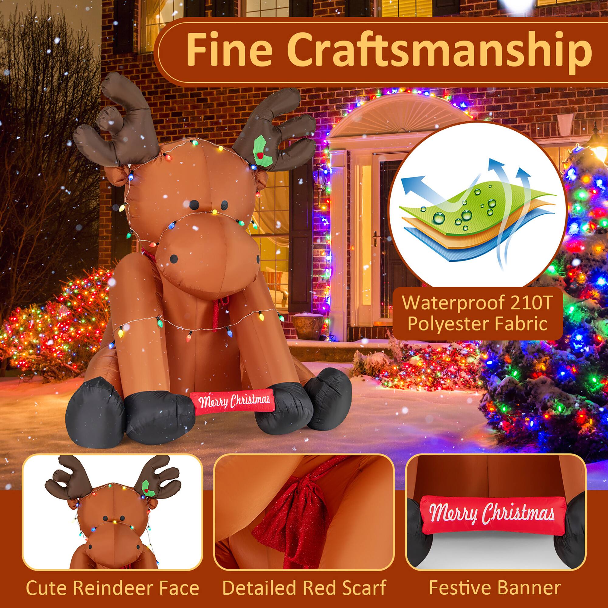 Fine Craftsmanship  
Waterproof 210T Polyester Fabric  
Merry Christmas  

Cute Reindeer Face  
Detailed Red Scarf  
Festive Banner