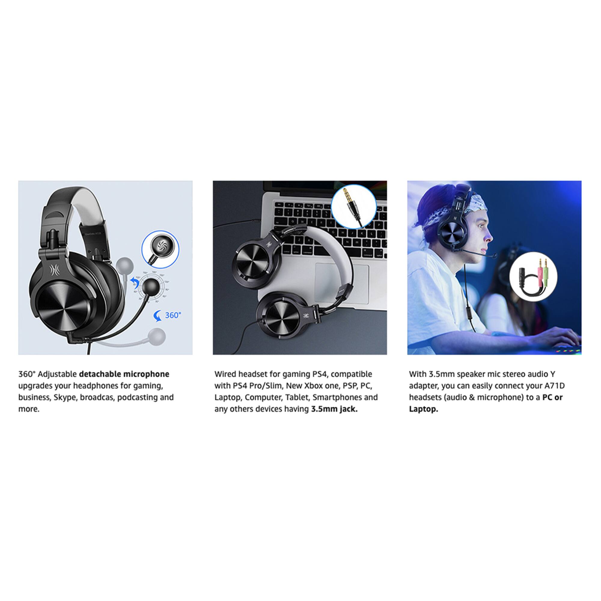 360° Adjustable detachable microphone upgrades your headphones for gaming, business, Skype, broadcasting, podcasting, and more. Wired headset for gaming PS4, compatible with PS4 Pro/Slim, New Xbox One, PSP, PC, Laptop, Computer, Tablet, Smartphones, and any other devices having a 3.5mm jack. With a 3.5mm speaker mic stereo audio Y adapter, you can easily connect your A71D headsets (audio & microphone) to a PC or Laptop.